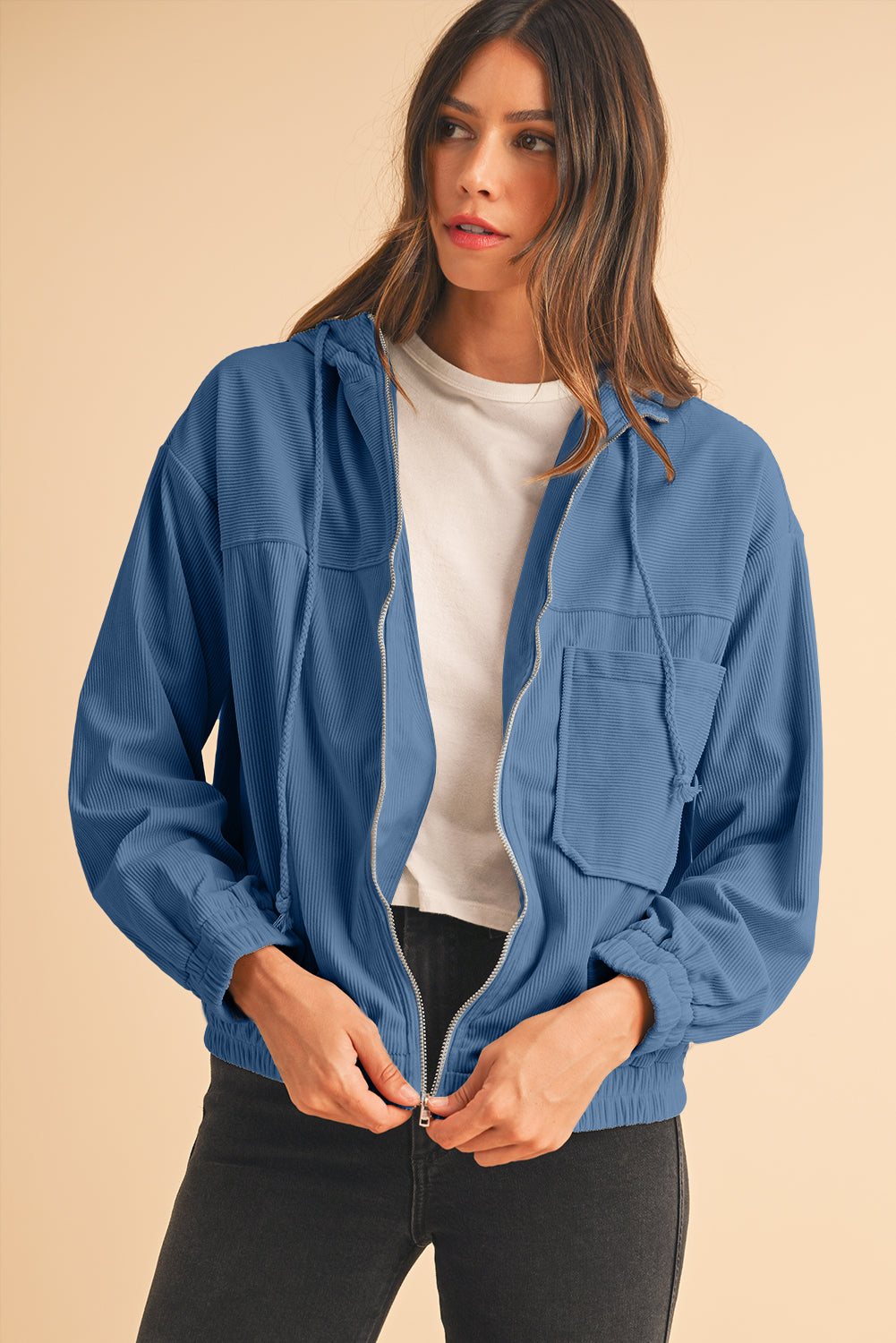 Real Teal Corduroy Drawstring Hooded Pocket Zip Up Jacket Jackets 8afe5113814f1836