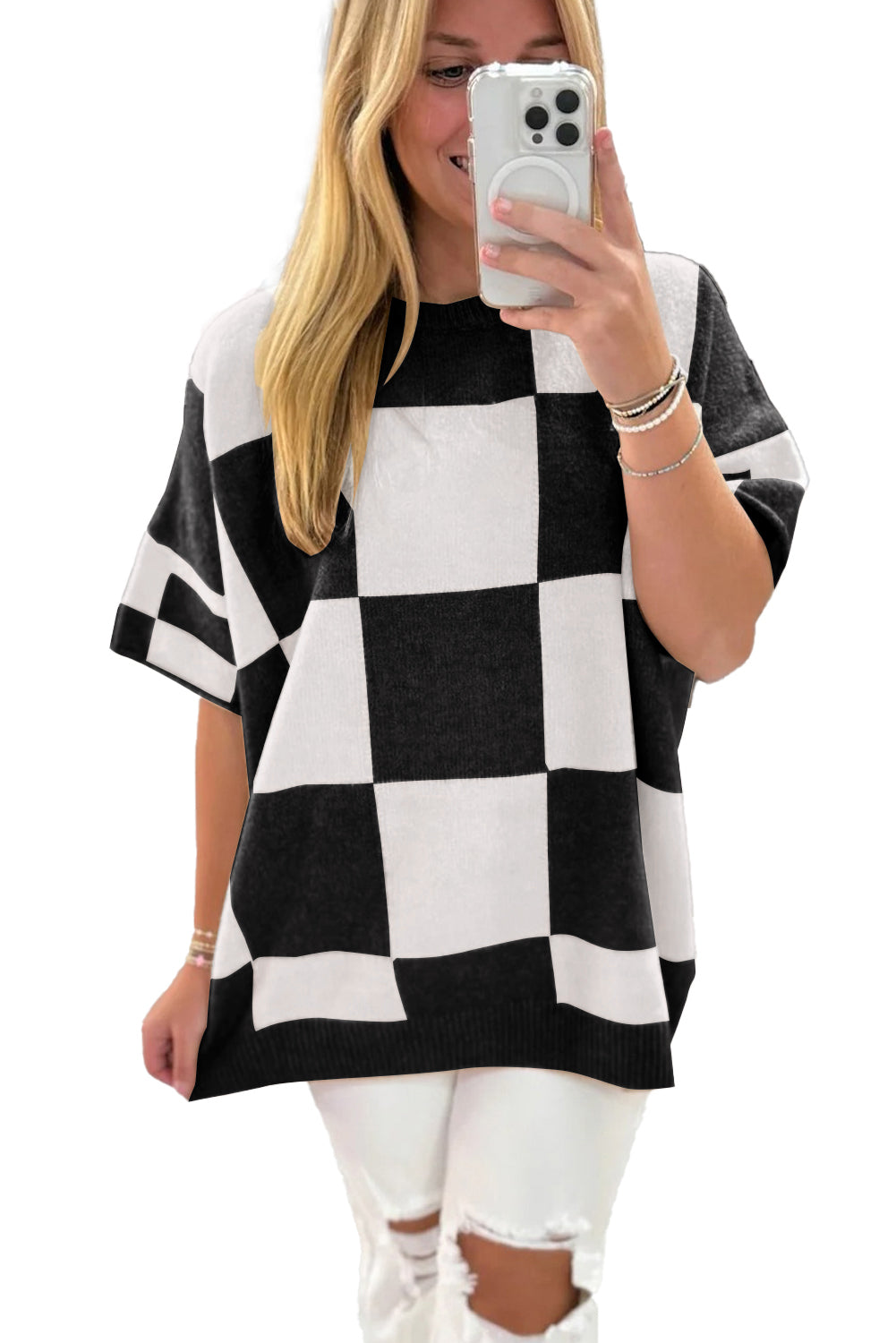 Black Checkered Pattern Loose Short Sleeve Sweater Short Sleeve Sweater 8b187eb655ea2320