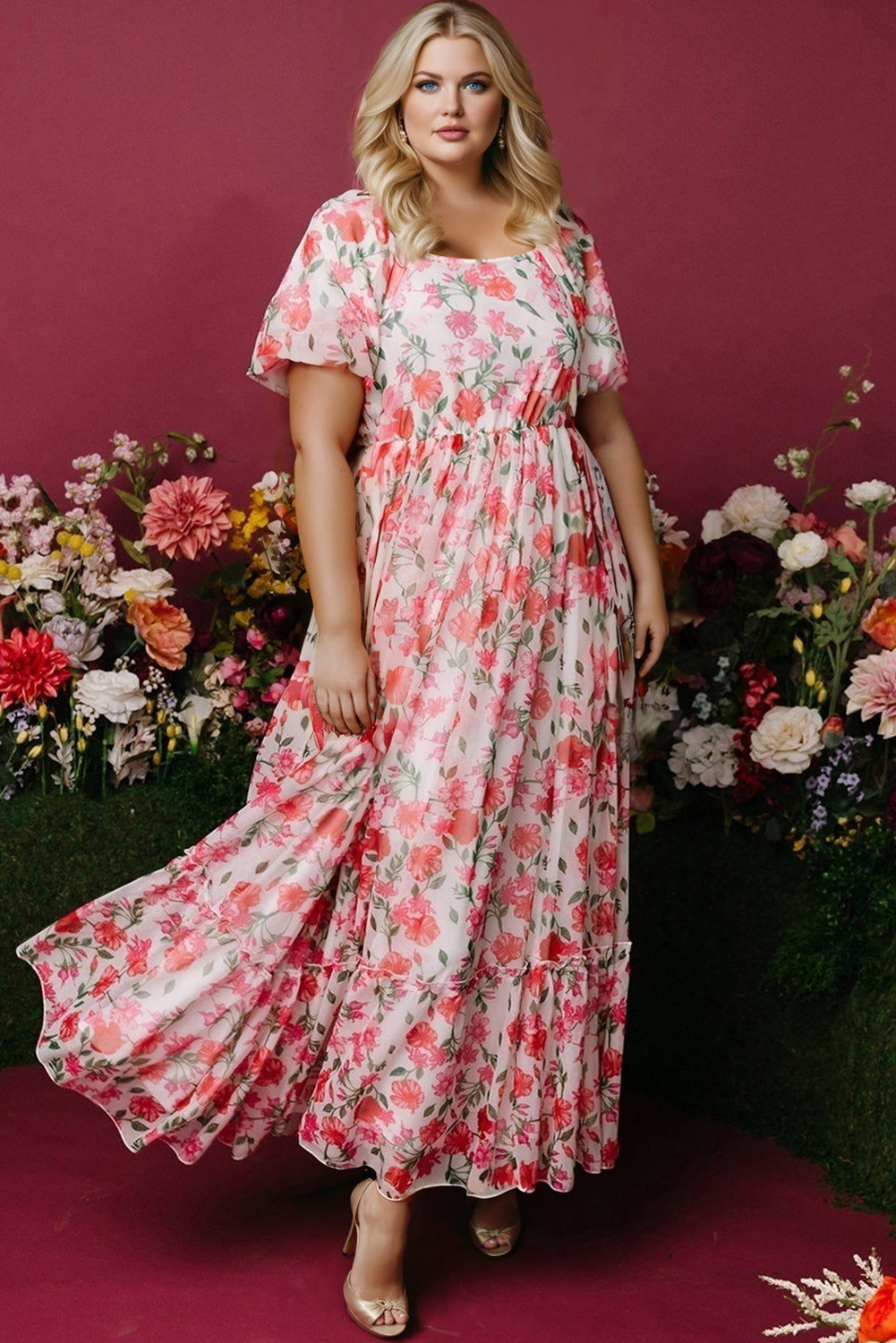 Pink Plus Size Floral Square Neck Puff Sleeve Ruffle Maxi Dress Plus Size Dresses 8b5c2e26c52f564e