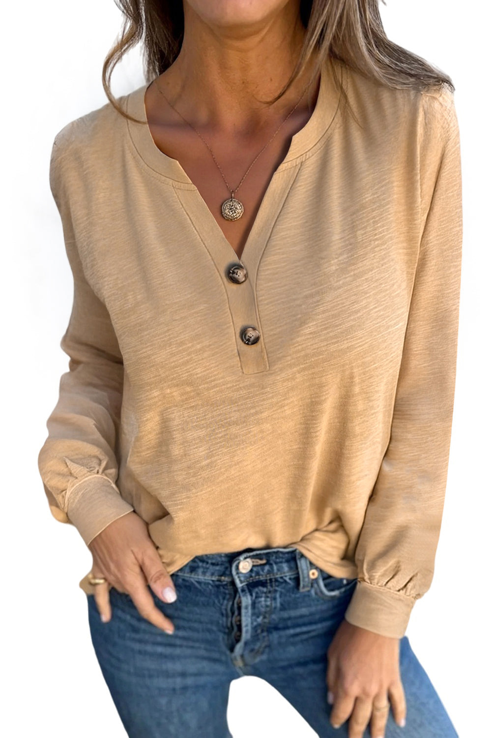 Light French Beige Casual Button V Neck Long Sleeve T-Shirt Long Sleeve Tops 8b9f98b81c0f41e5