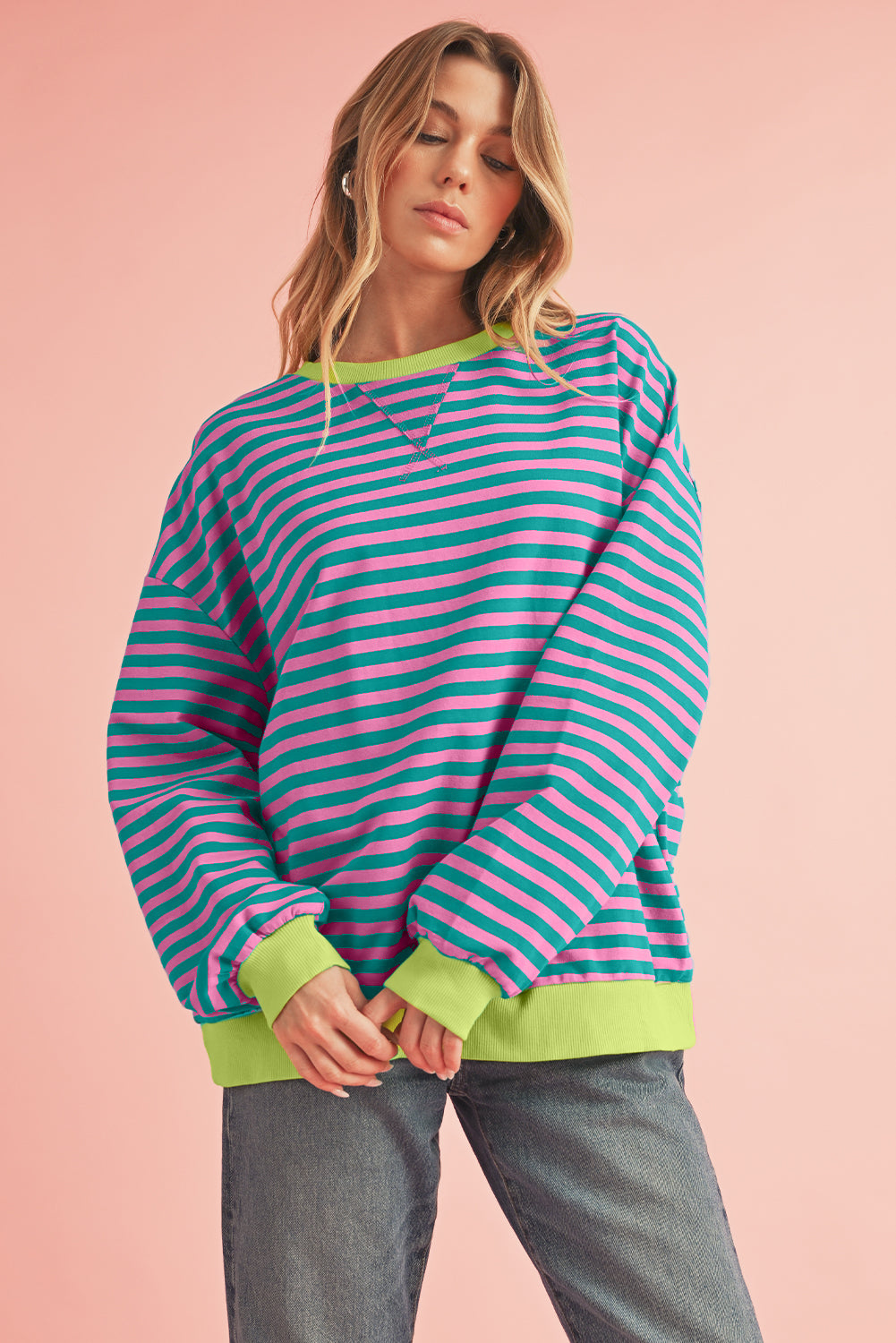 Blue Stripe Contrast Edge Cross Seam Oversized Pullover Sweatshirts & Hoodies 8ba77f96be569ae8