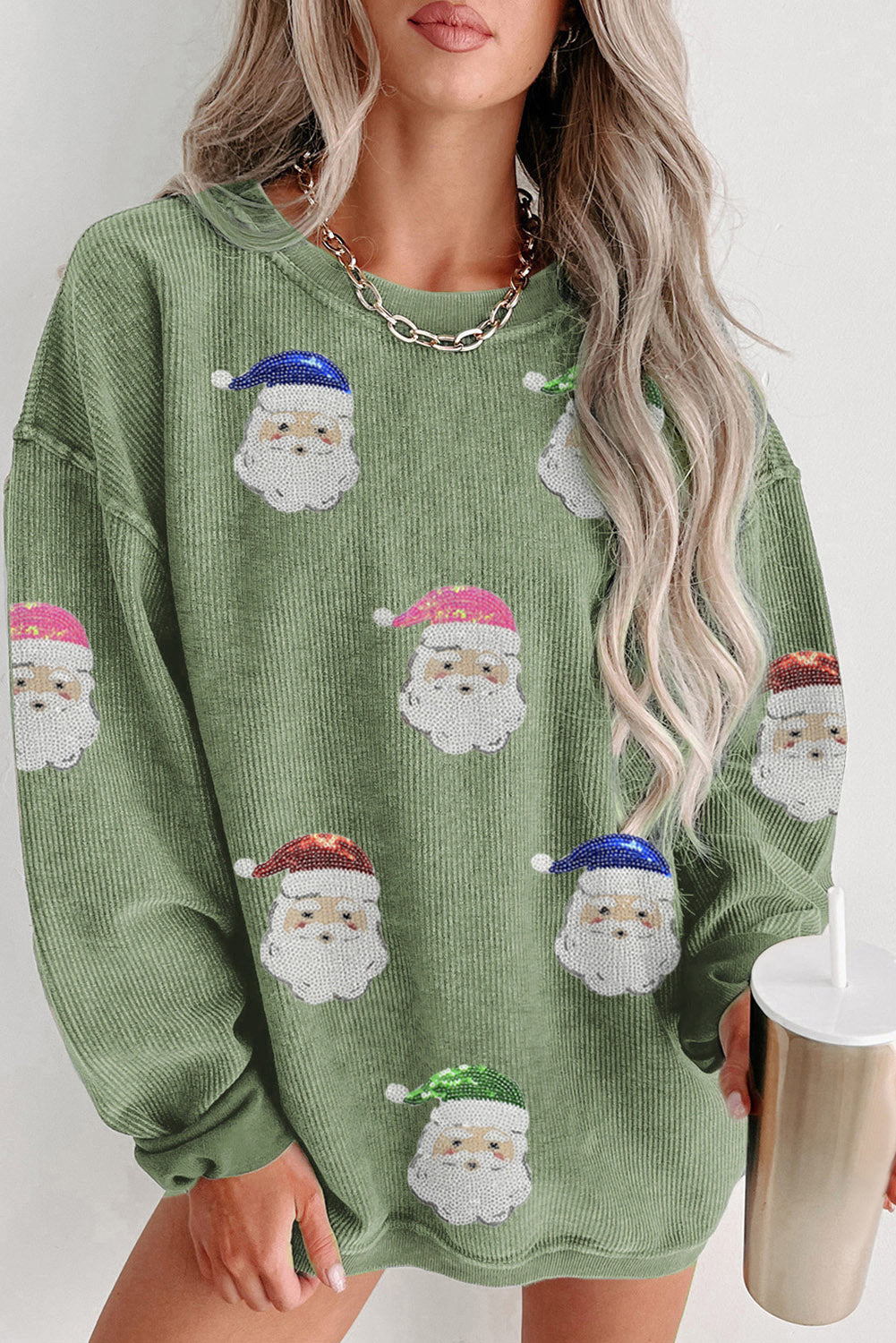 Grass Green Corded Ribbed Santa Claus Graphic Sequins Patch Sweatshirt Graphic Sweatshirts 8bb26a3942134558