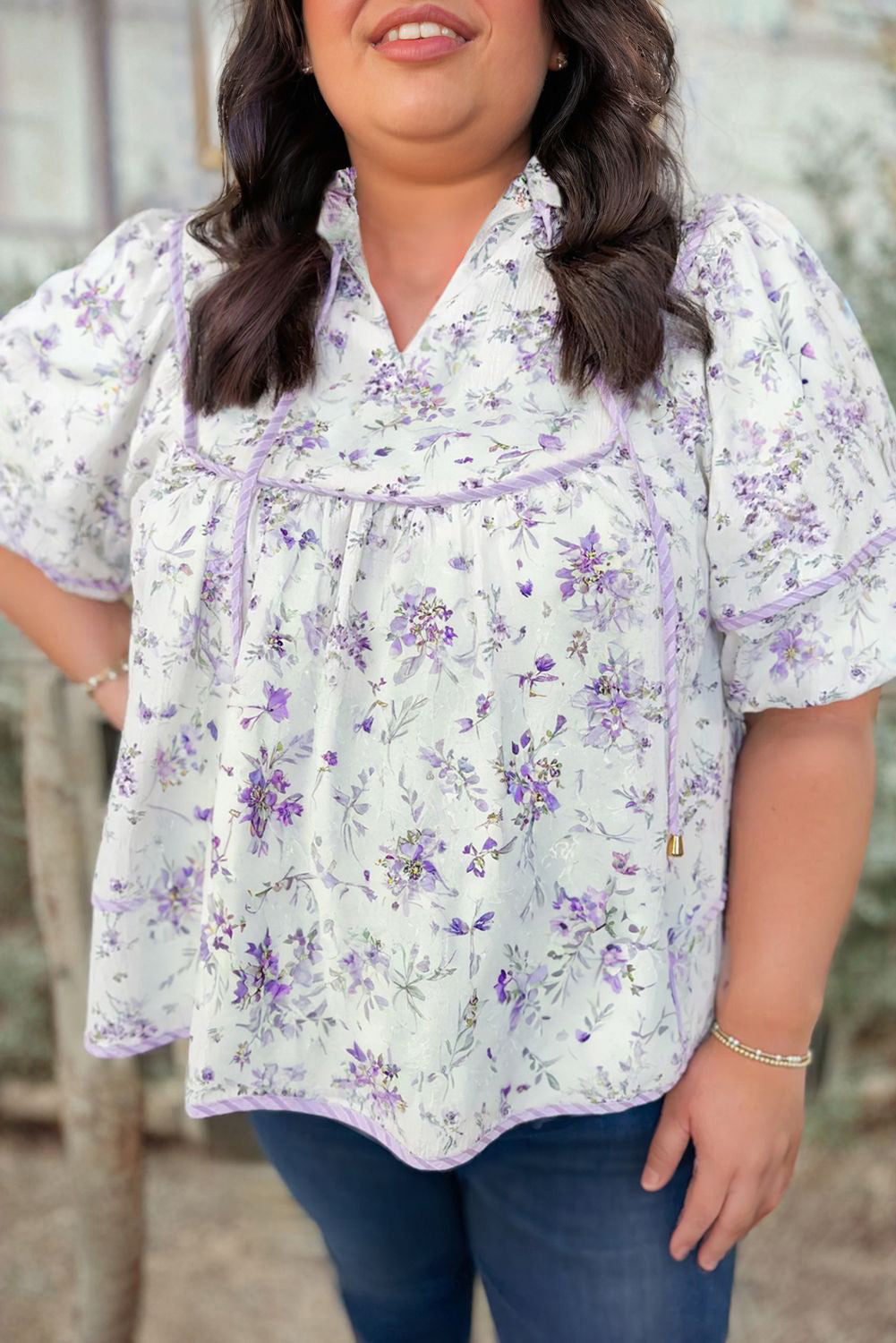Purple Floral Print Split Neck Plus Size Top Plus Size Tops 8bc76ff3e3af574e