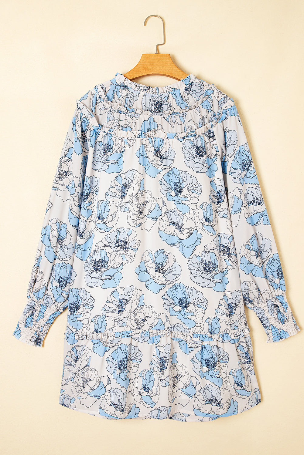 Sky Blue Floral Print Tie Neck Long Sleeve Flowy Mini Dress Short Dresses 8bc97c488e2c77b5