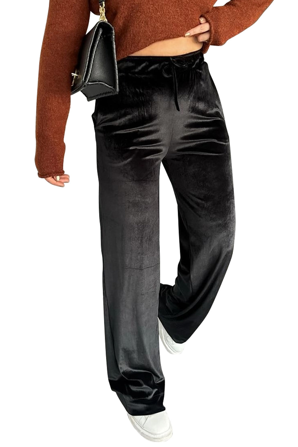 Black Shiny Velvet Drawstring High Waist Straight Leg Casual Pants Pants 8bd6b2fd14112144