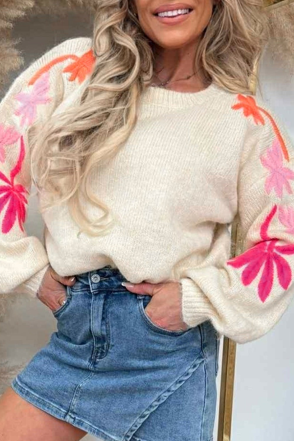 Beige Embroidered Floral Sleeve Round Neck Loose Sweater Sweaters 8c0b56862430812e