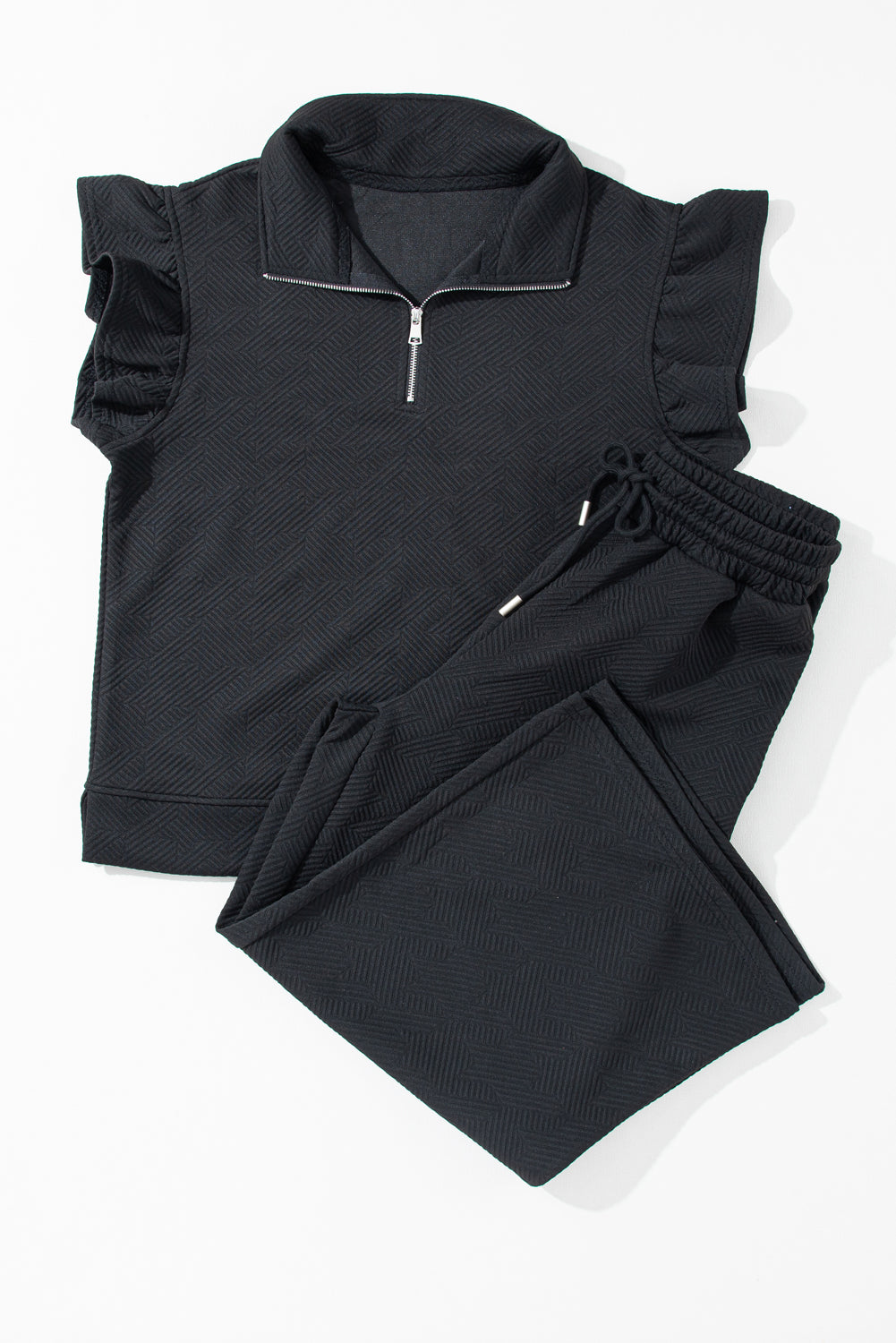 Black Textured Ruffle Cap Sleeve Top and Wide Leg Pants Set Two Piece Pants Sets 8c1da4580e9f4c79