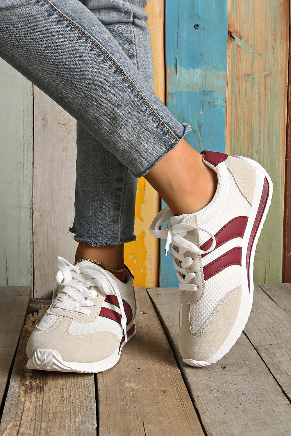 White Patchwork Breathable Lace Up Sneakers Sneakers 8c303dc6e97ec5ee