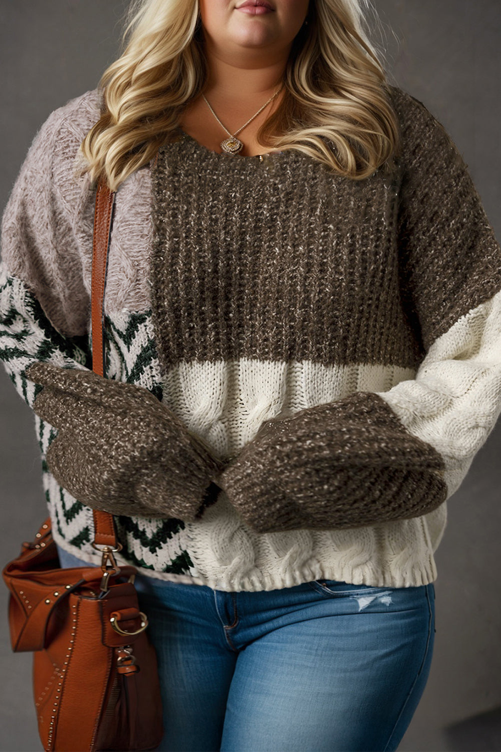 Brown Plus Size Color Block Patchwork Knotted Back Loose Fit Sweater Plus Size Sweaters&Cardigans 8c92c1f73a8e2af3