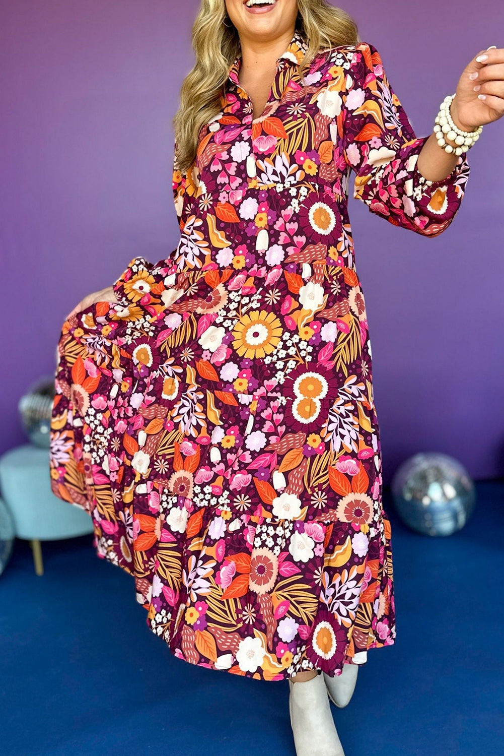 Purple Floral Print Collared Tiered Flowy Long Dress Maxi Dresses 8ceeff9d644234f8
