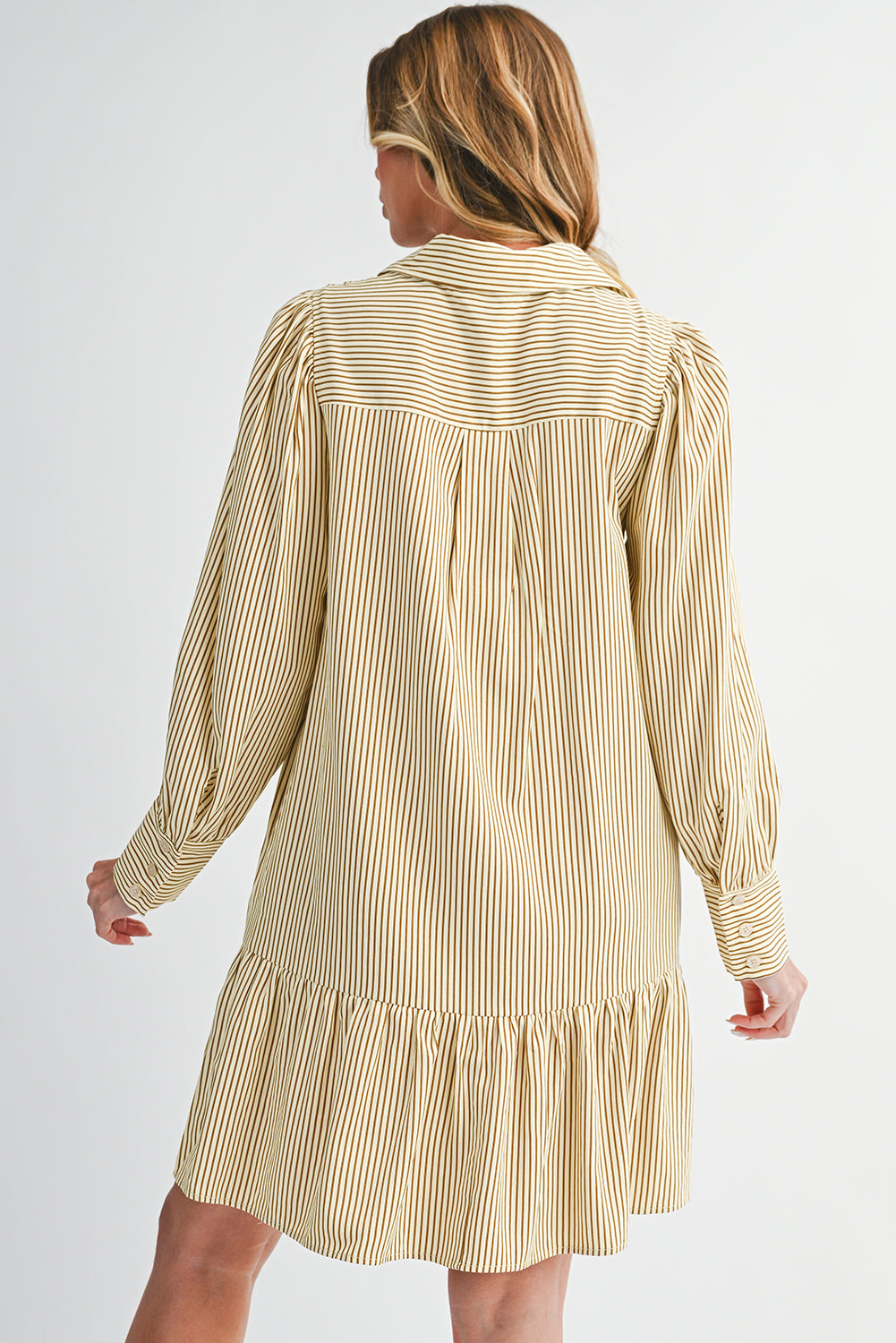 Brown Striped Shirt Collar Ruffle Hem Long Sleeve Dress Short Dresses 8cf6104fe690a8c0