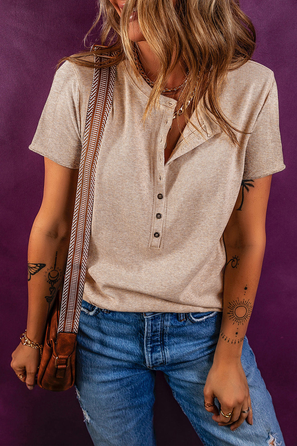 Oatmeal Short Sleeve Half Button Ribbed Top T Shirts 8d1bd8d65f1bc784