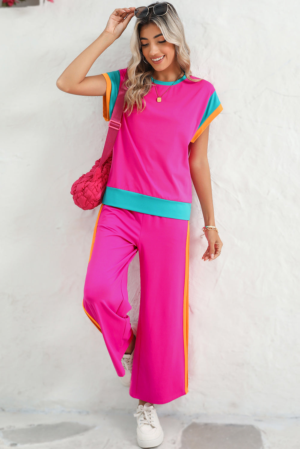 Strawberry Pink Colorblock Cap Sleeve Tee and Wide Leg Pants Set Two Piece Pants Sets 8d3133352029c88c