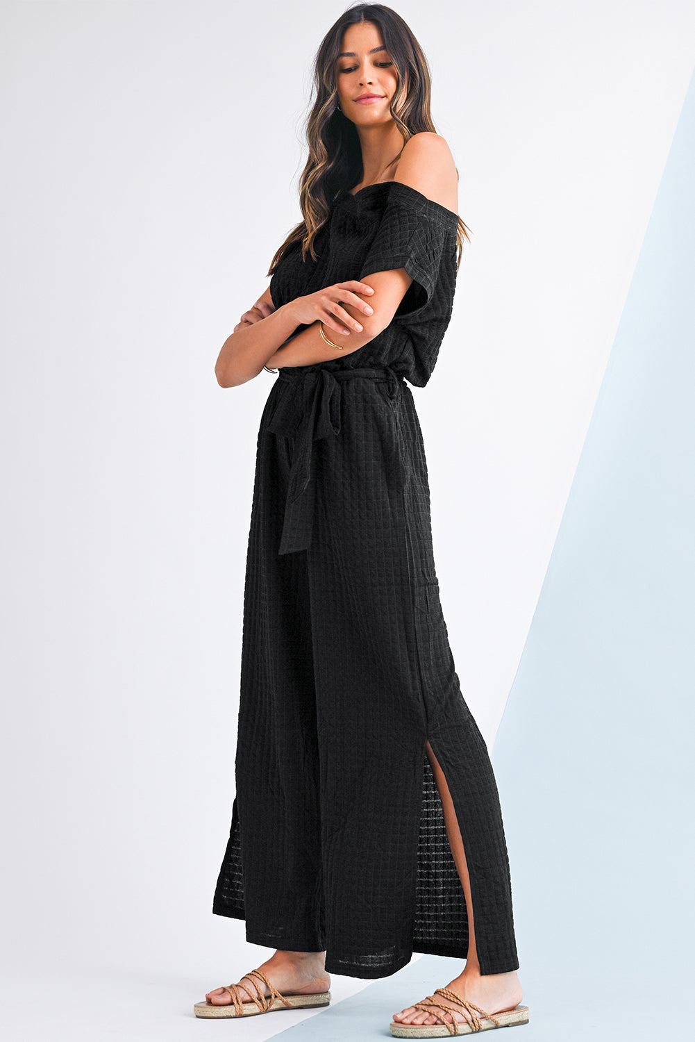 Black Checkered Mesh One Shoulder Short Sleeve Knotted Waist Jumpsuit Jumpsuits 8d3b2fa3ec89009d