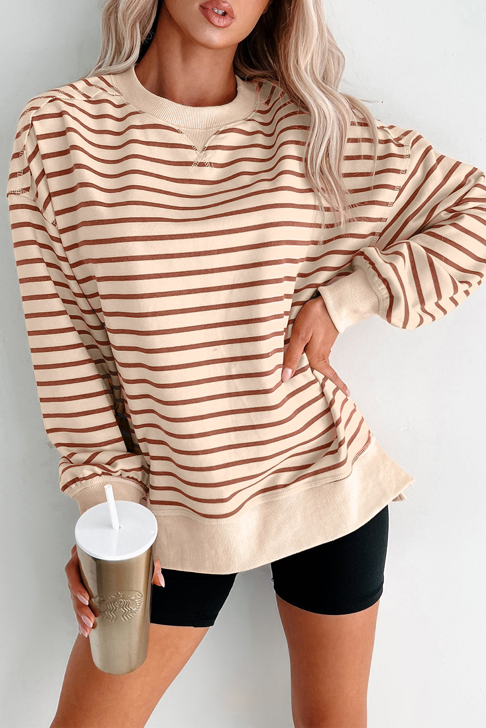Khaki Stripe Ribbed Band Seam Detail Baggy Sweatshirt Sweatshirts & Hoodies 8d4c87e4d4356b72