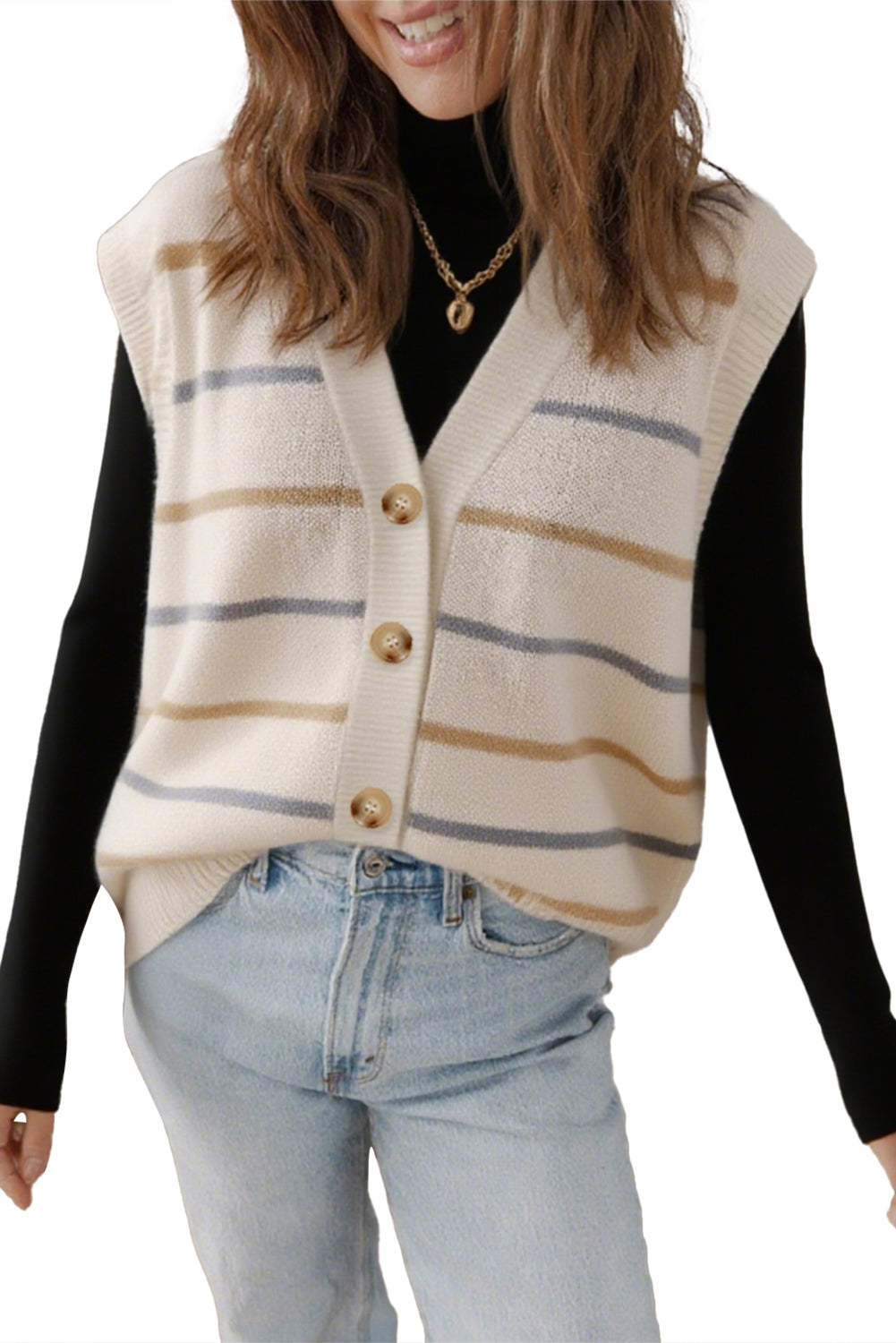 Multicolour Striped Print Button V Neck Knit Vest Cardigans 8daee393f905385a