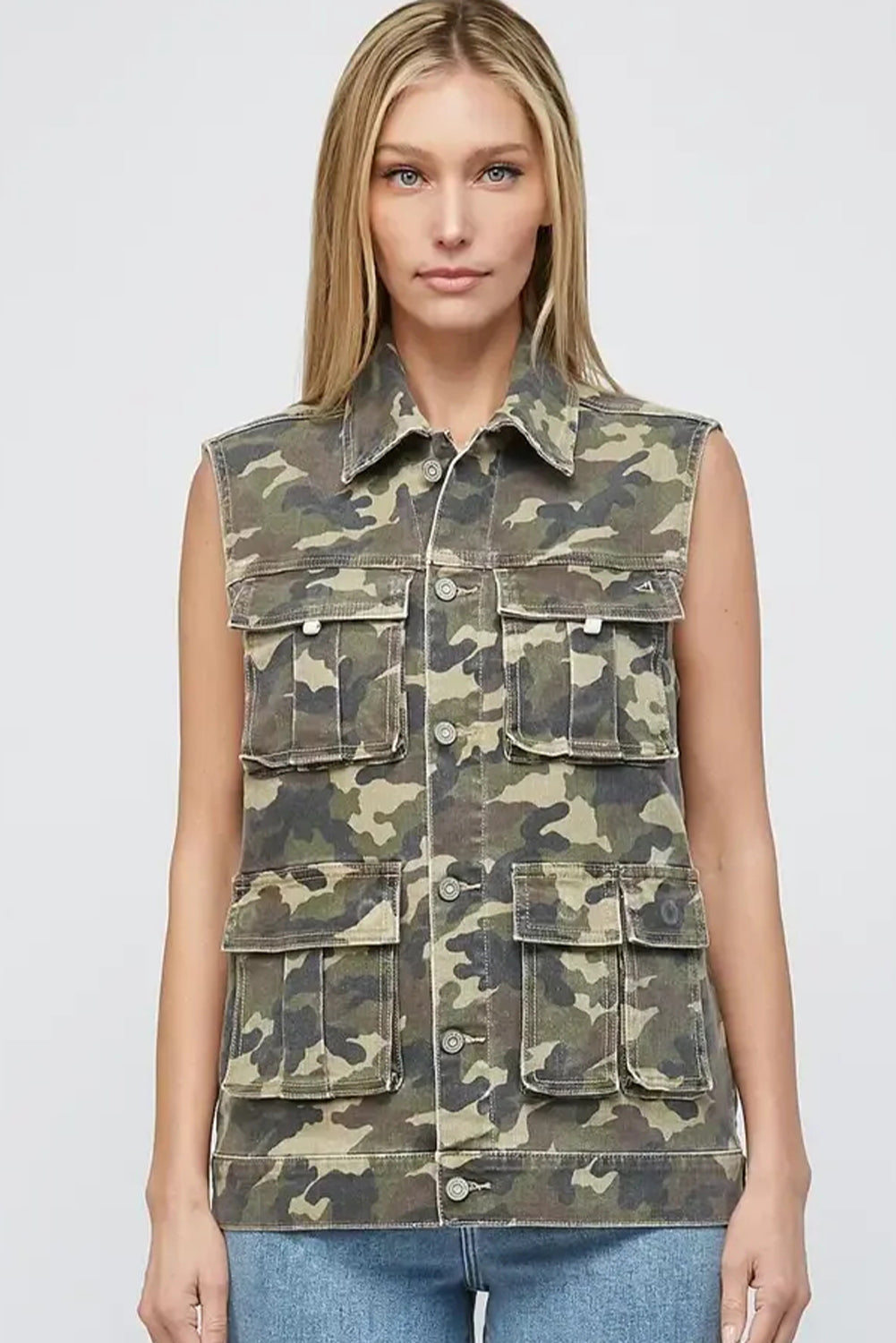 Green Camouflage Print Button Cargo Pocket Button Down Denim Vest Jackets 8e68b6bae2746829