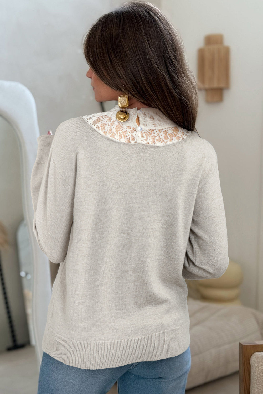 Light Grey Button Keyhole Lace Patchwork Drop Shoulder Sweater Sweatshirts & Hoodies 8e7d772e2c66dc88