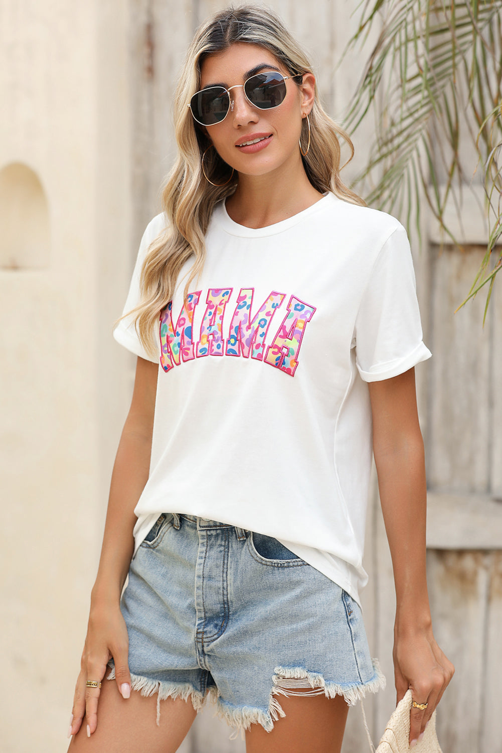 White MAMA Leopard Embroidered Crew Neck Graphic Tee Graphic Tees 8e87660efe2dd9fb