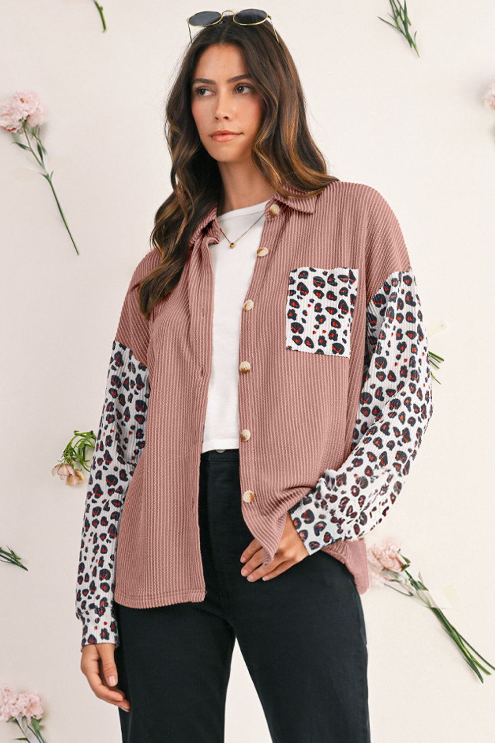 Dark Khaki Leopard Patchwork Twisted Ribbed Casual Shacket Jackets 8e90d21046b0fb95