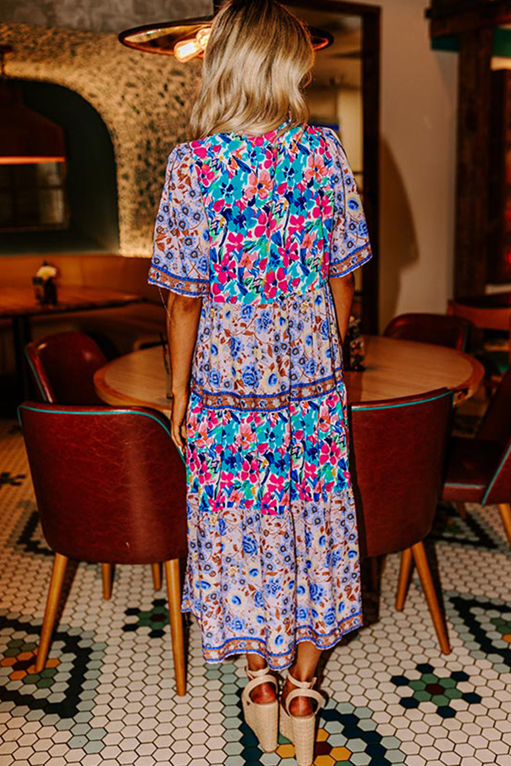 Sky Blue Mixed Floral Print Tie Split Neck Short Sleeve Dress Midi Dresses 8e9c0f7e938fb37d