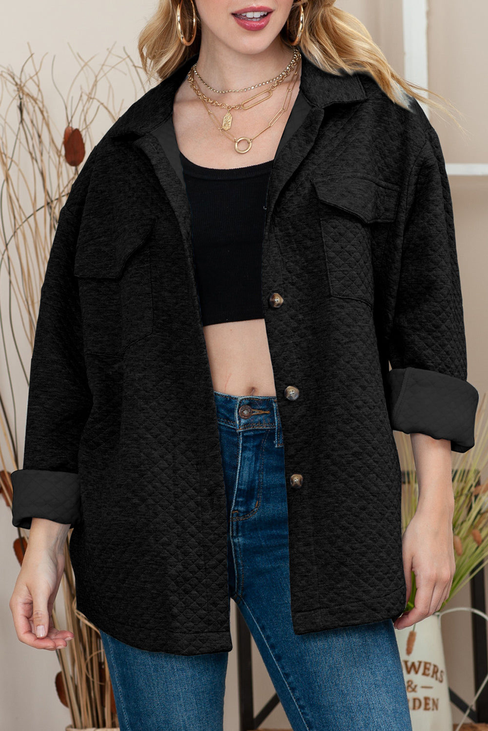 Black Lattice Texture Retro Flap Pocket Button Quilted Shacket Jackets 8ee850e9449b5b1e