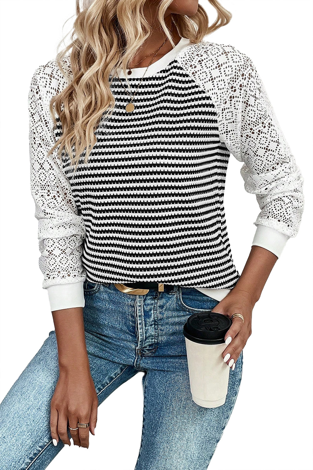 Black Stripe Textured Knit Patchwork Hollowed Lace Sleeve Top Long Sleeve Tops 8f11e686d0404149