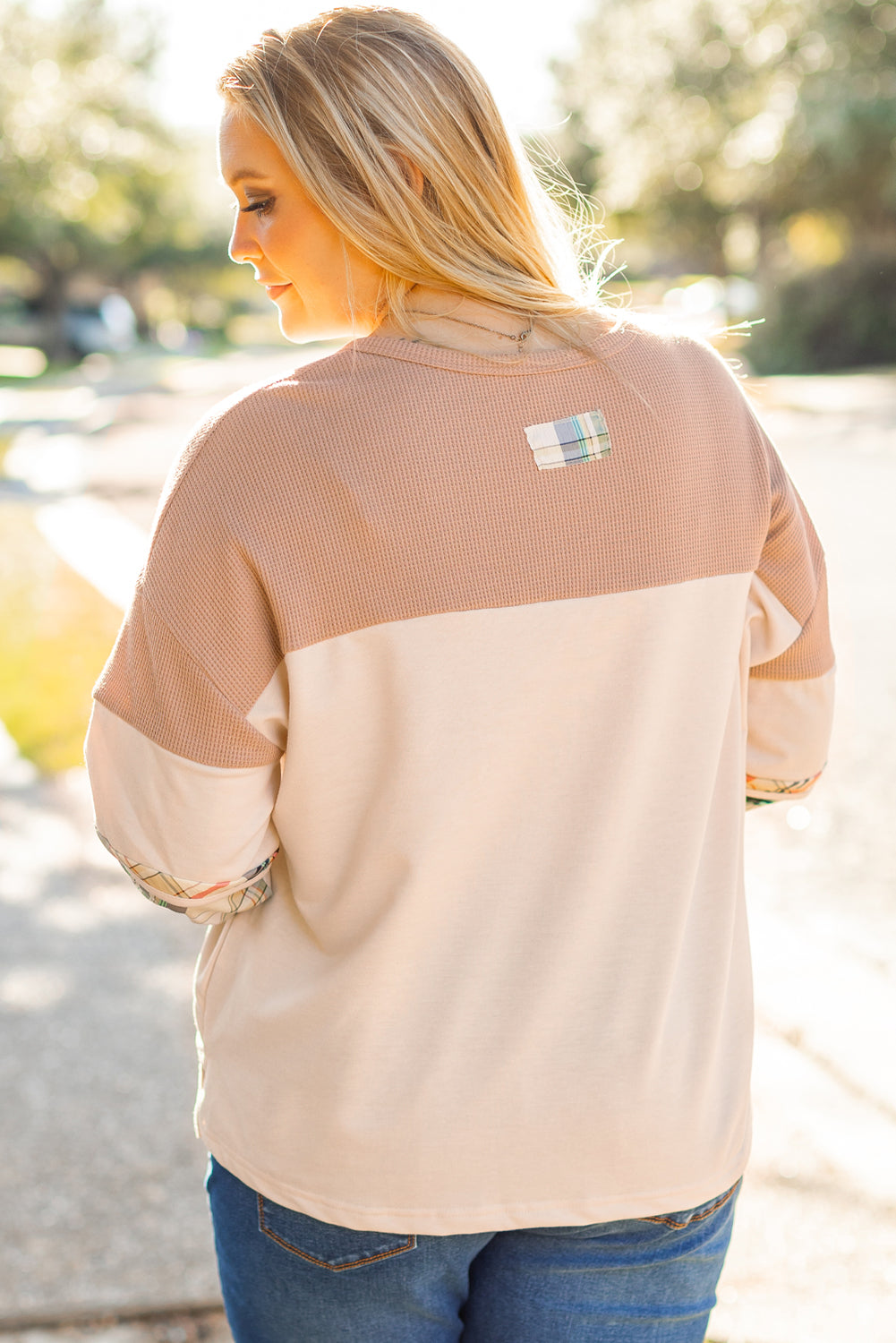 Parchment Plus Size Plaid Waffle Patchwork Henley Top Plus Size Tops 8f5cca626953ff8d