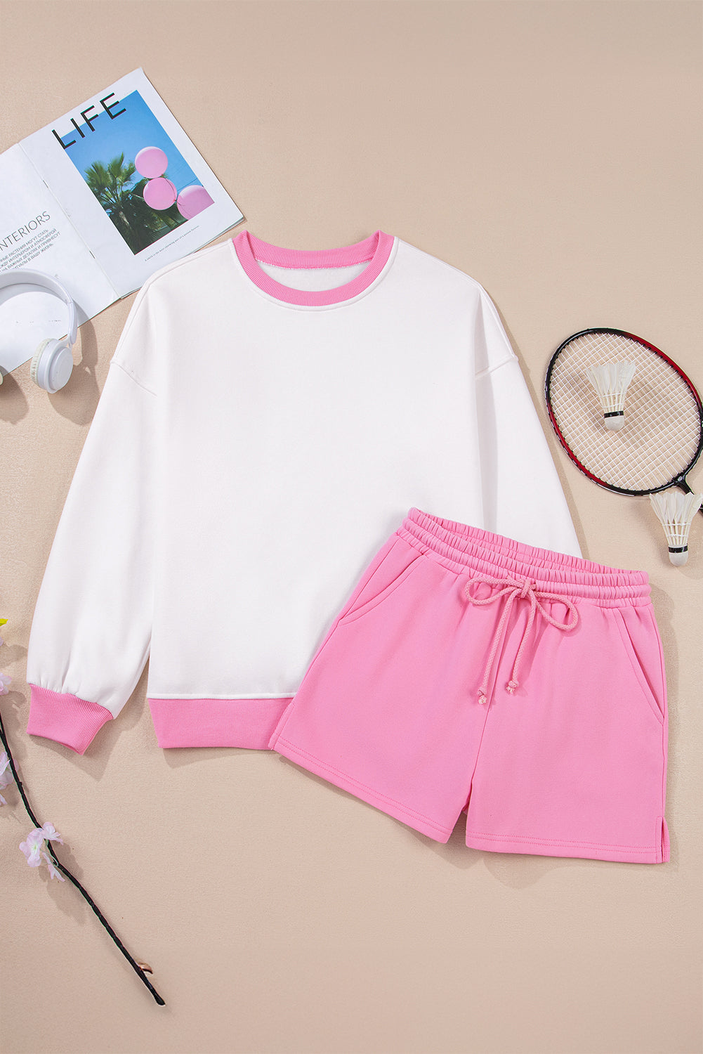 Strawberry Pink Colorblock Pullover and Drawstring Shorts Set Two Piece Shorts Sets 8fcc78bd302ec232