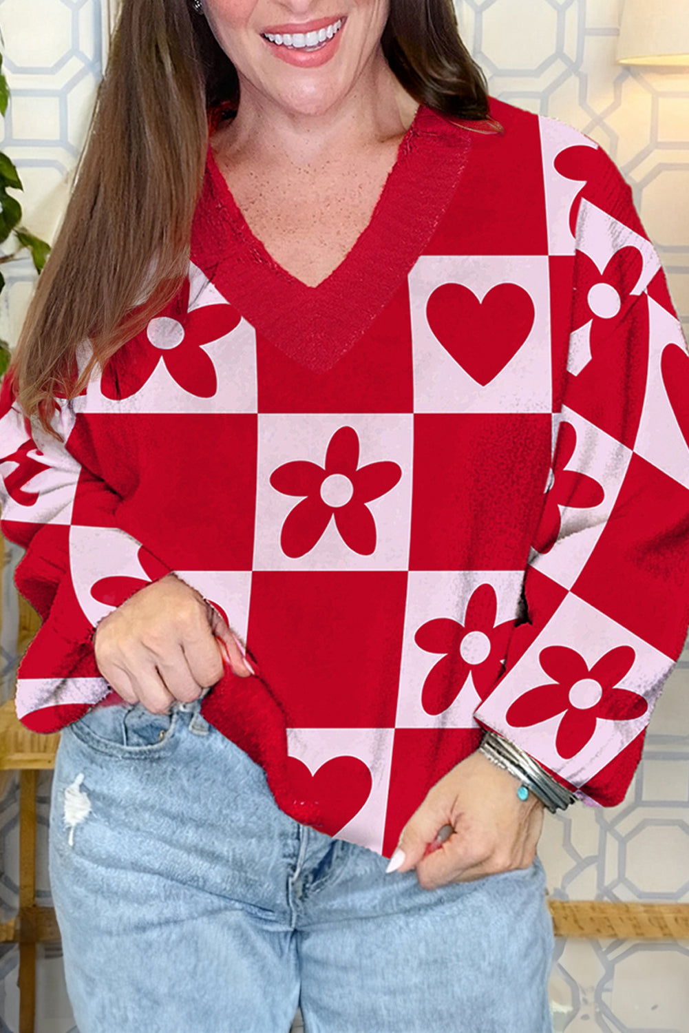 Fiery Red Floral Heart Pattern Plaid V Neck Sweater Sweaters 8fce5e2bda043e64