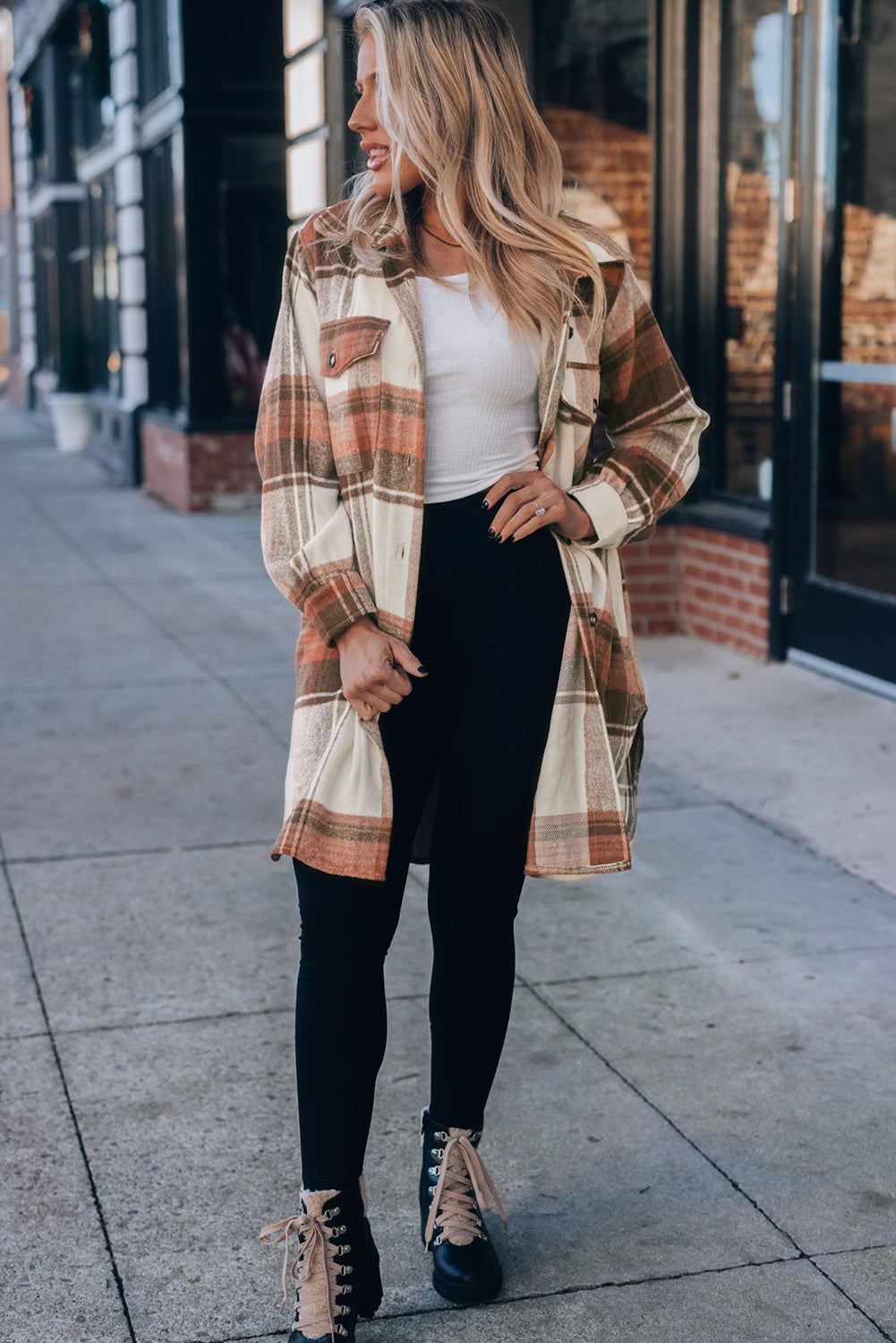 Brown Plaid Casual Button Up Long Shacket with Flap Pockets Jackets 8fea0e24c388b859