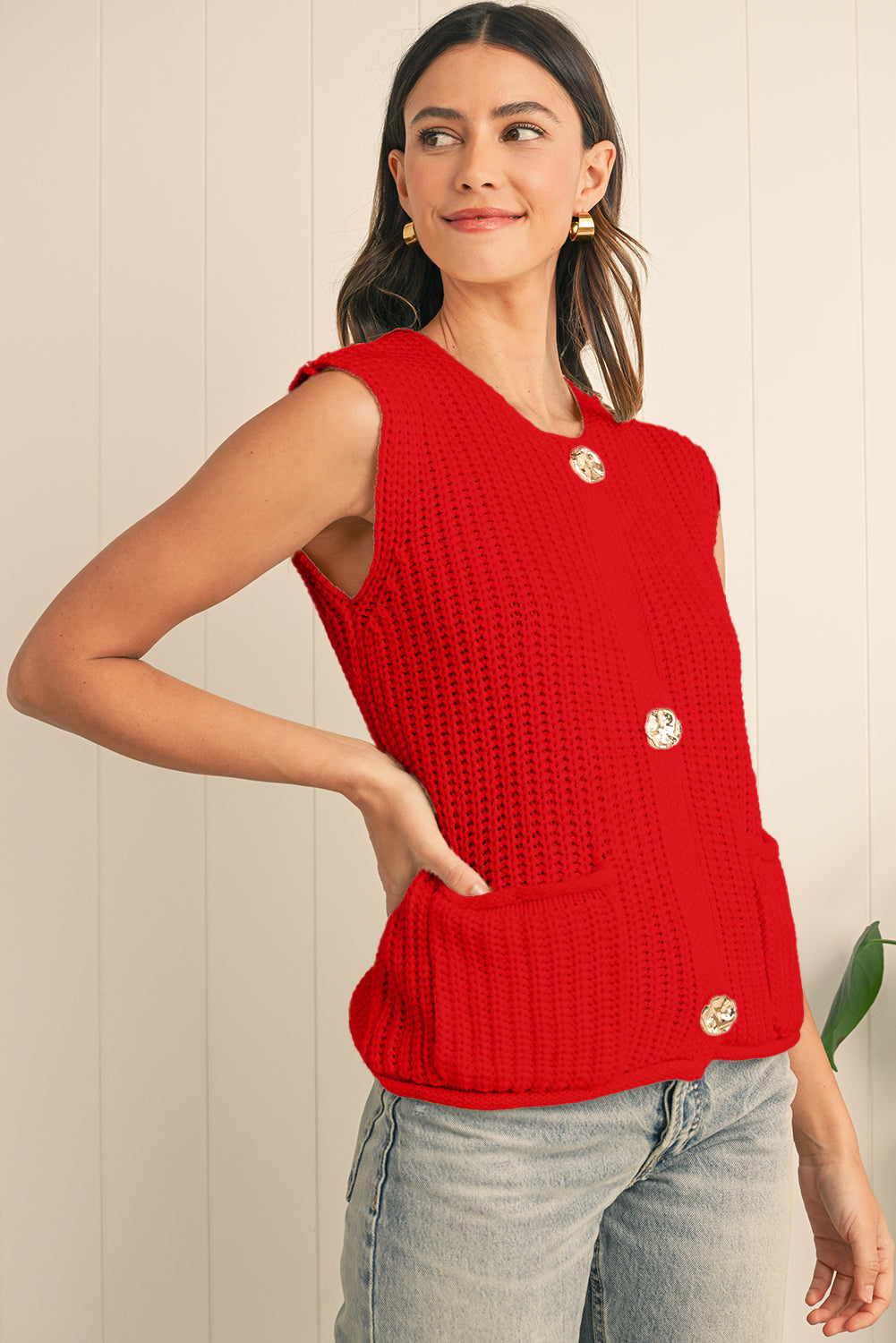 Fiery Red Solid Textured Knit Side Pockets Buttoned Sweater Vest Cardigans 8ff8cf0033cf83cf