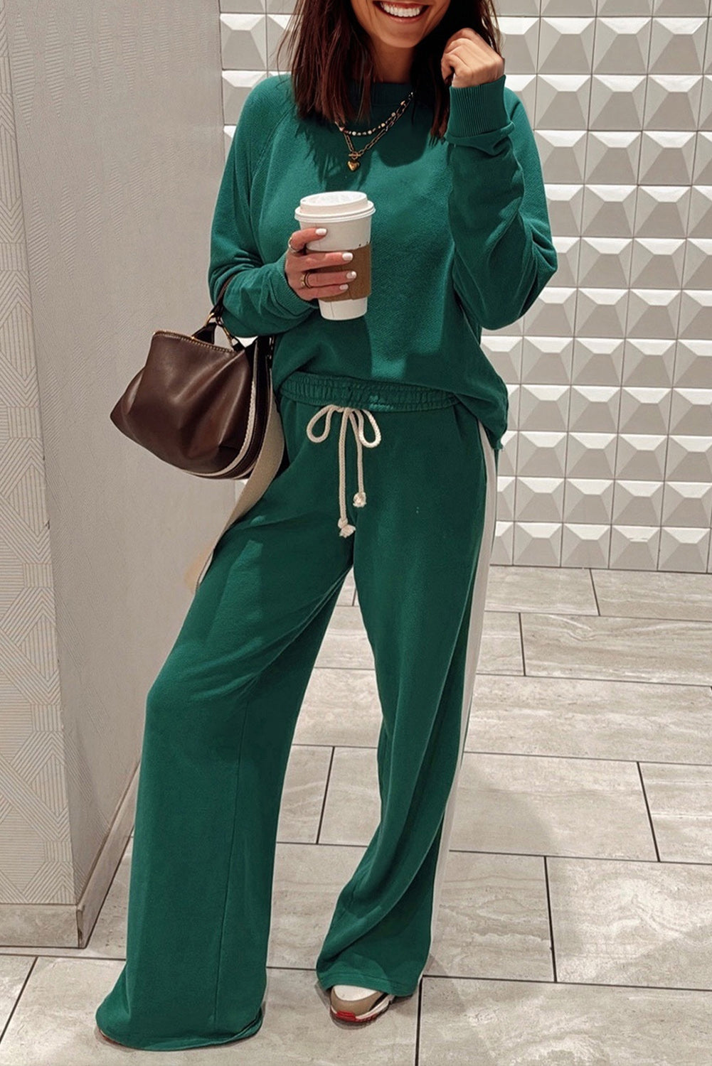Sea Green Solid Color Pullover Top Varsity Stripe Detail Loose Drawstring Pants Set Two Piece Pants Sets 902c56a4311c0d88