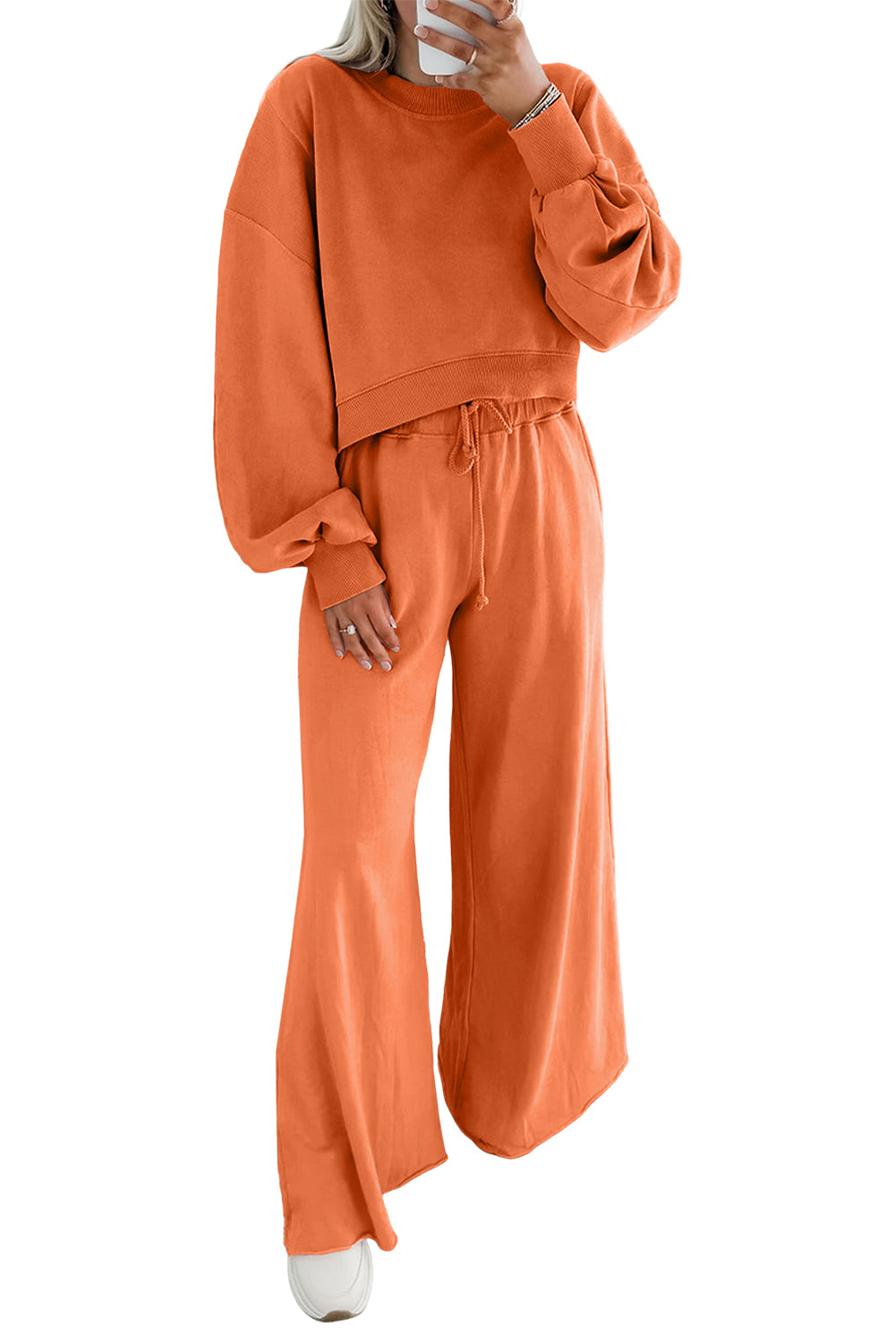 Flamingo Drop Shoulder Crop Pullover Drawstring Wide Leg Pants Set Two Piece Pants Sets 90339706eb4d60a8