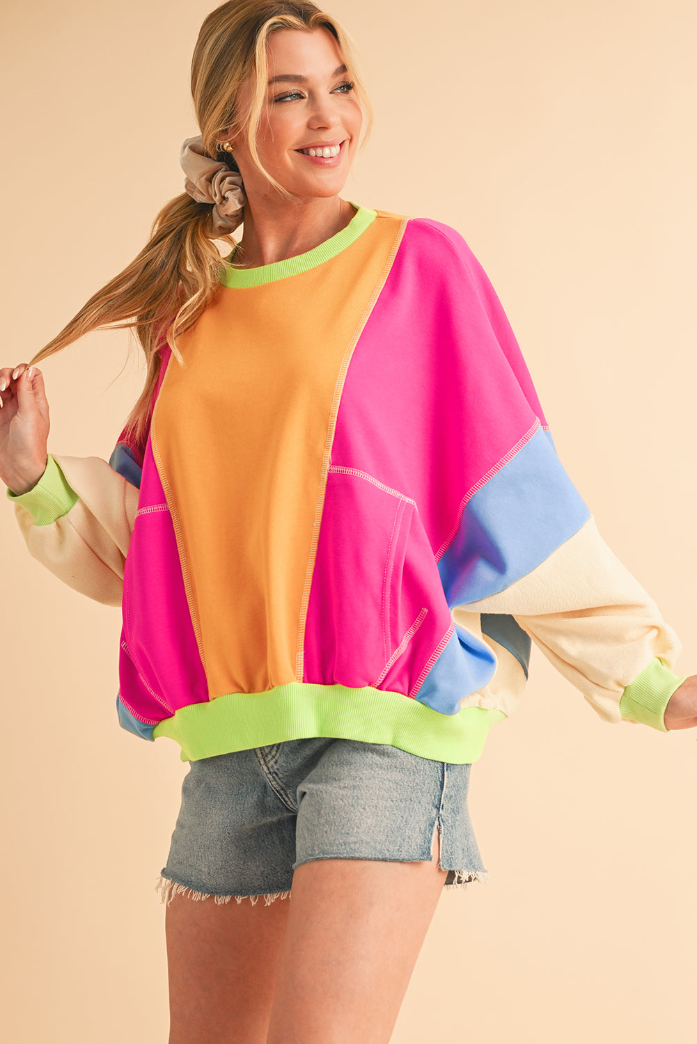 Orchid Petal Colorblock Patchwork Drop Shoulder Top Long Sleeve Tops 9045893186956655