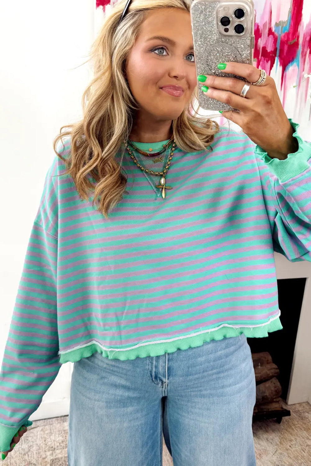 Green Stripe Exposed Seam Contrast Ribbed Trim Oversize Sweatshirt Sweatshirts & Hoodies 9063c50db2471fb6