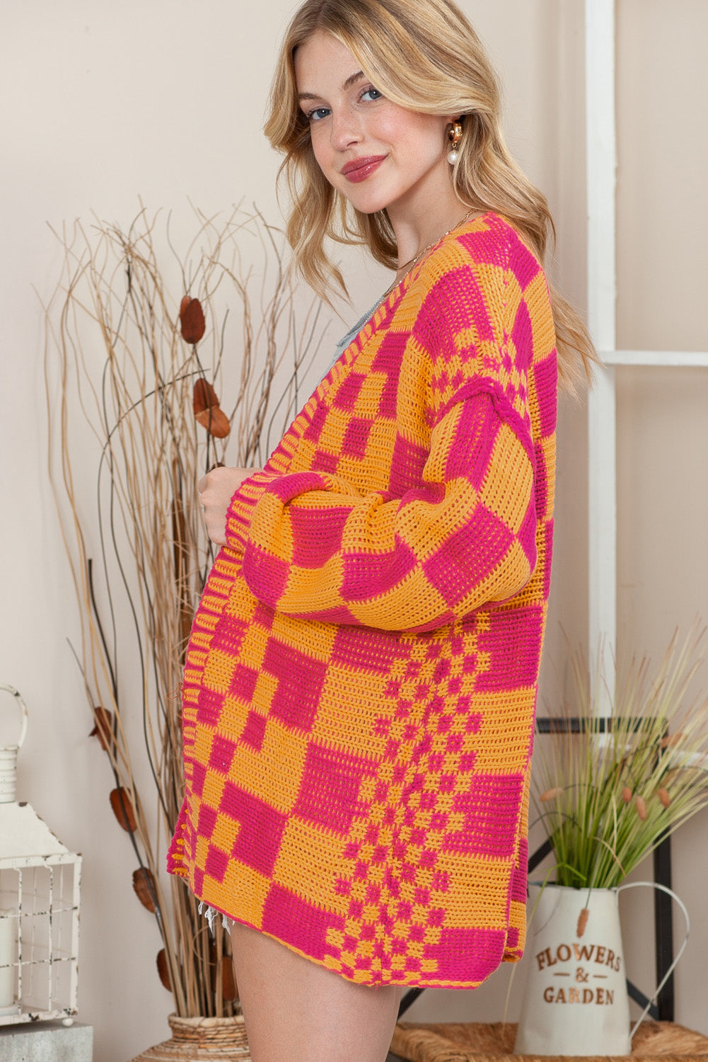 Orchid Petal Colorblock Checked Open Front Knitted Cardigan Cardigans 907365b5ea84dc09