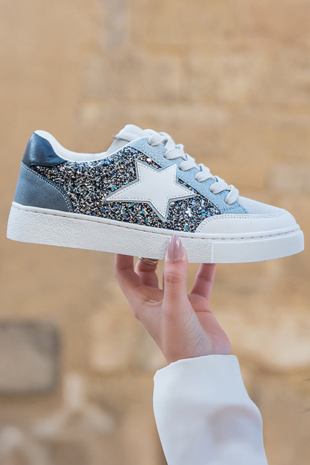 Silver Sequin Star Patch Lace Up Shoes Sneakers 907abecb7faa0f56