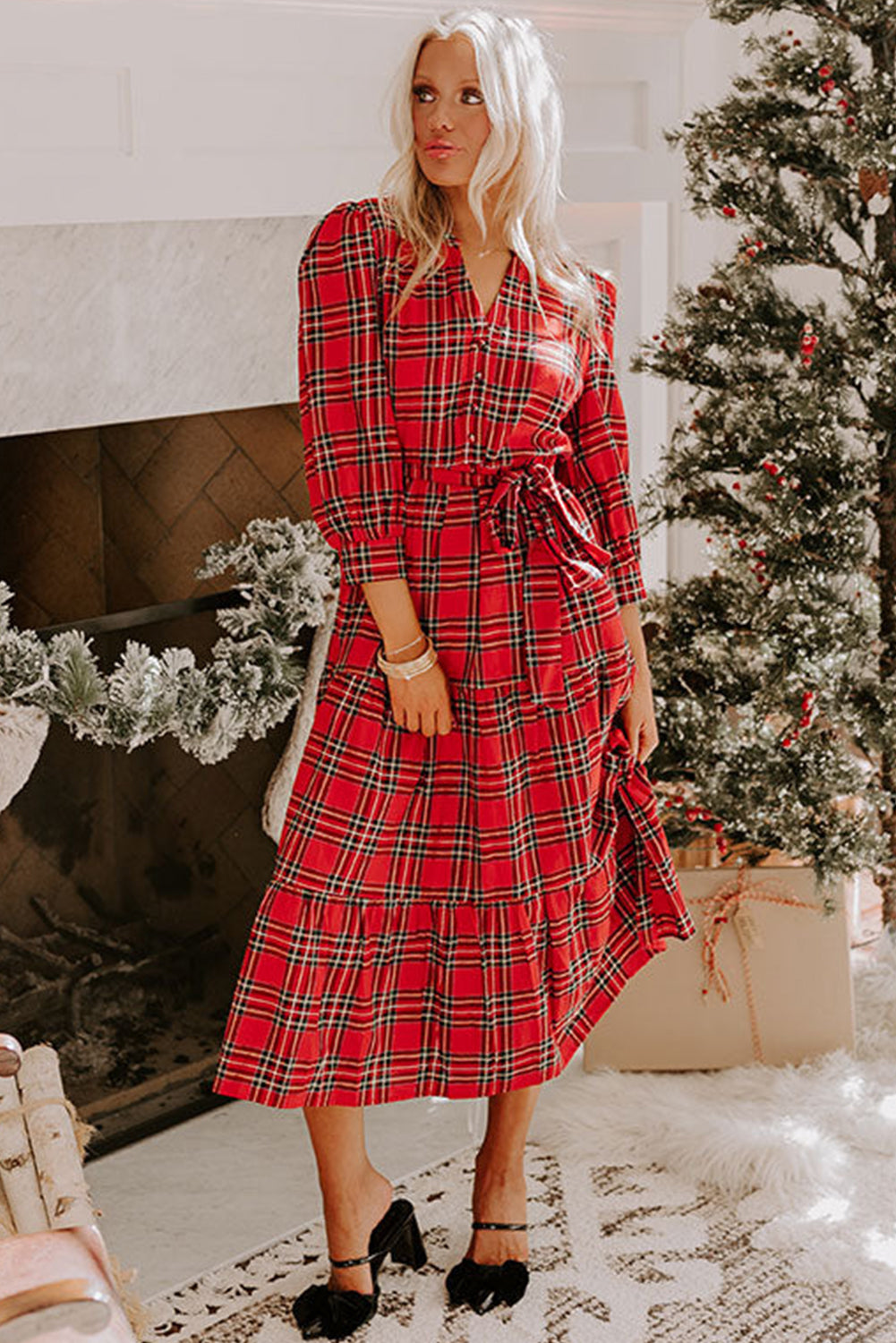 Red Christmas Plaid V Neck Tie Waist Ruffle Hem Long Dress Midi Dresses 90b20cff970f29e0