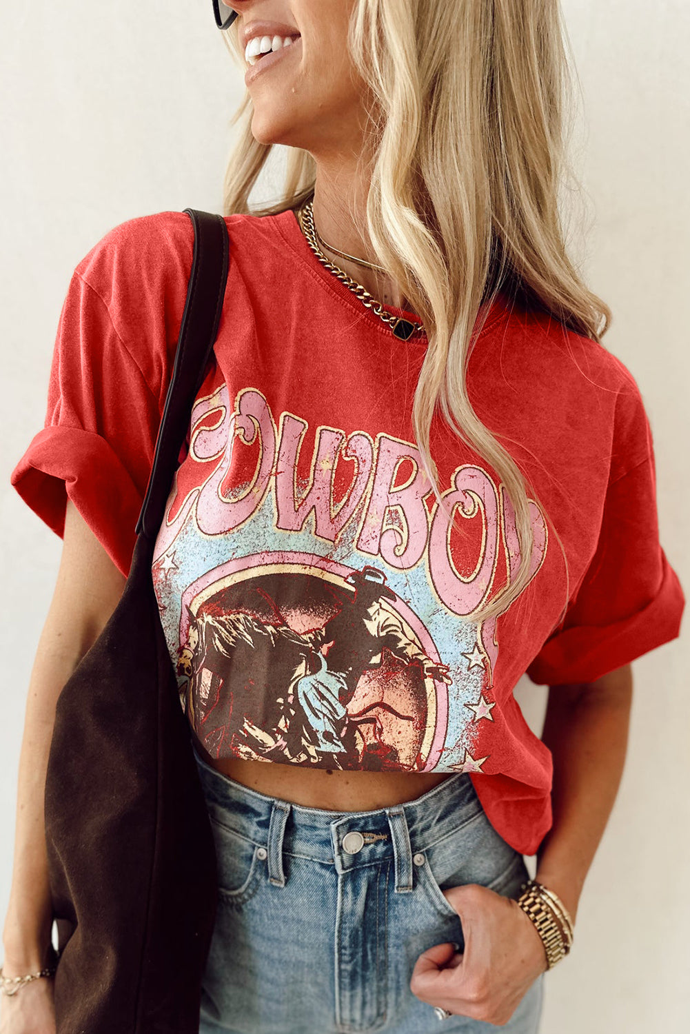 Tomato Red COWBOY Vintage Graphic Loose Tee T Shirts 910ec5a6fb537ee0
