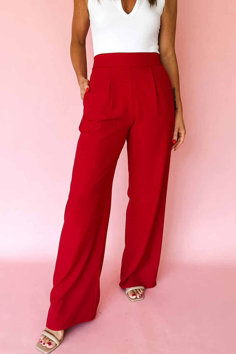 Fiery Red Pleated Detail Pull On Pants Pants 91221505b133eb3c