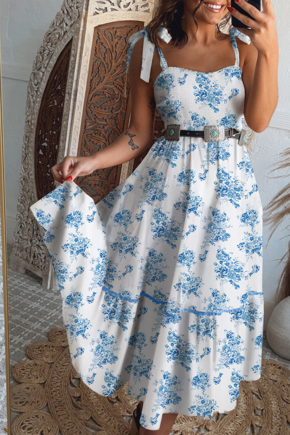 Sky Blue Floral Print Smocked Knot Shoulder Sleeveless Midi Dress Midi Dresses 91441bb6ea613569