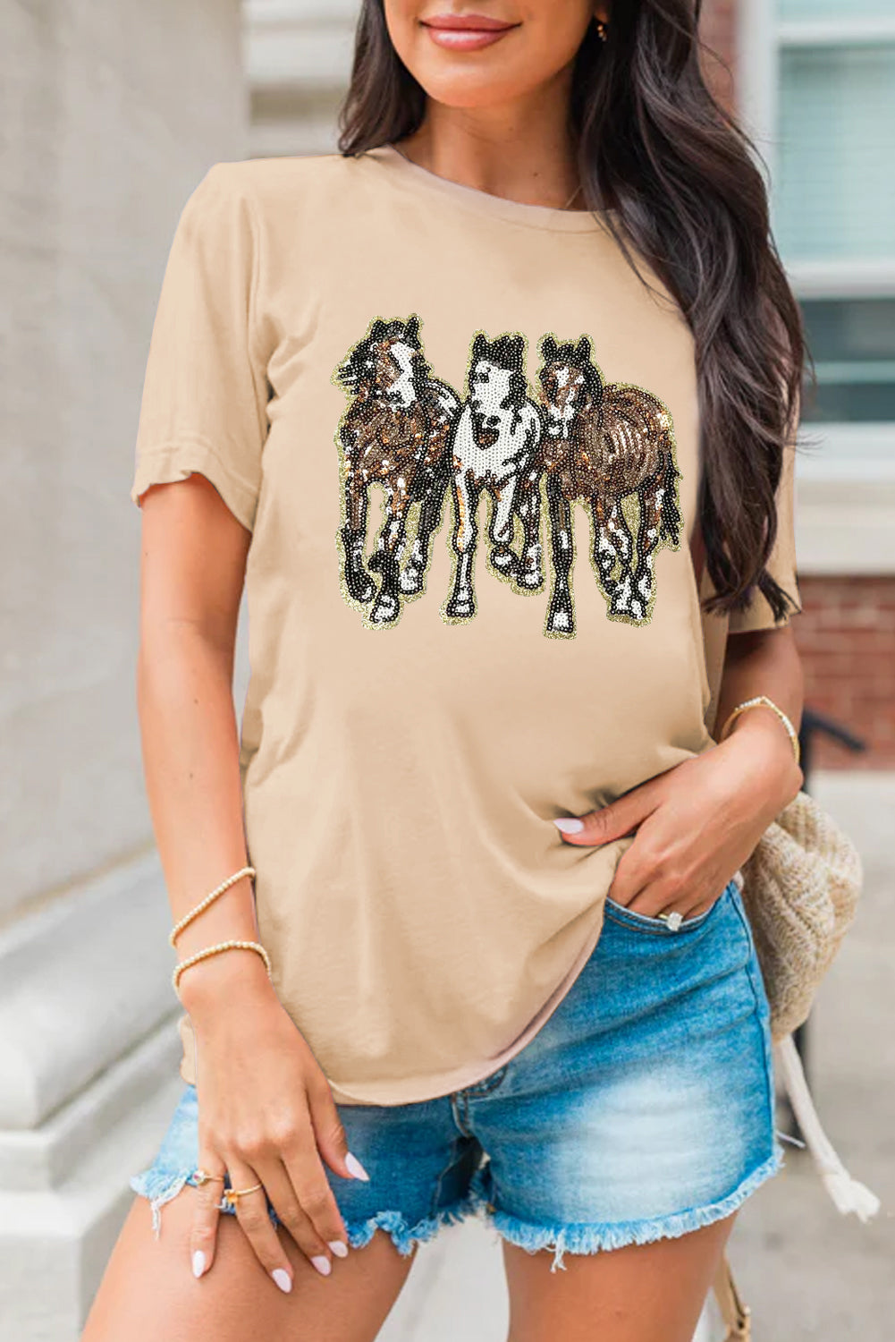 Khaki Sequin Horses Patched Casual Crewneck T Shirt Graphic Tees 9153ede9db1a2bd9