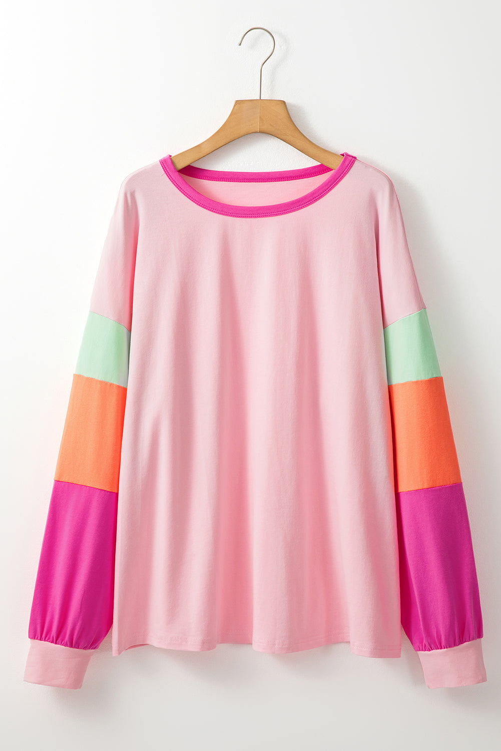 Pink Colorblock Long Sleeve Plus Size Top Plus Size Tops 91583344bc7e4836