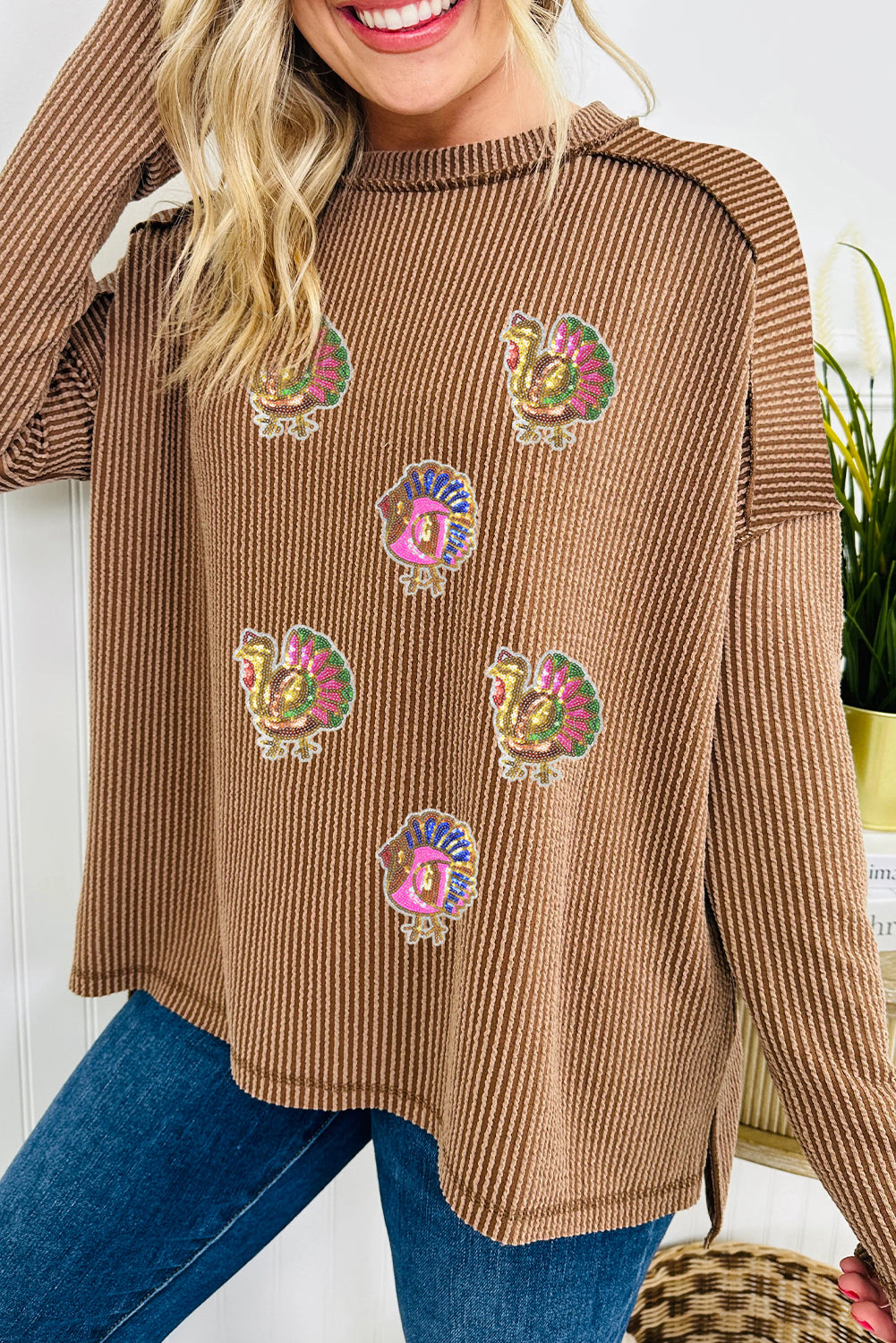 Dark Khaki Thanksgiving Twisted Ribbed Turkey Sequins Patch Exposed Seam Drop Shoulder Top Graphic Apparel 91a5487fad84894c