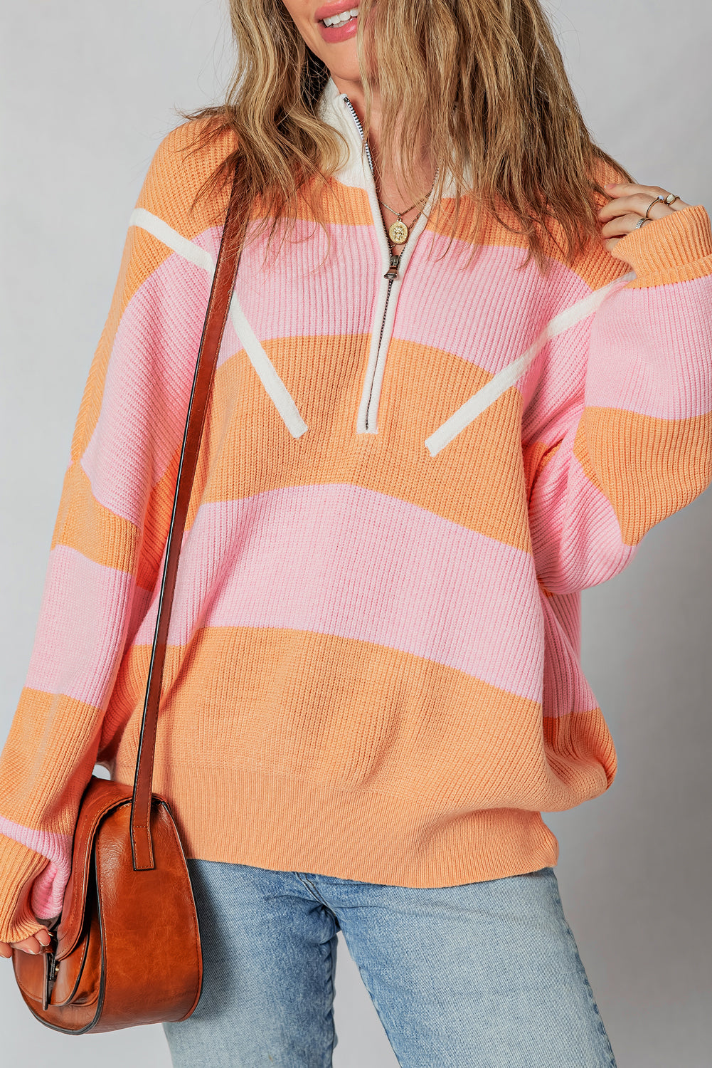 Orange Stripe Half Zip Collar Loose Sweater Sweaters 91c1c1ba142a6d94