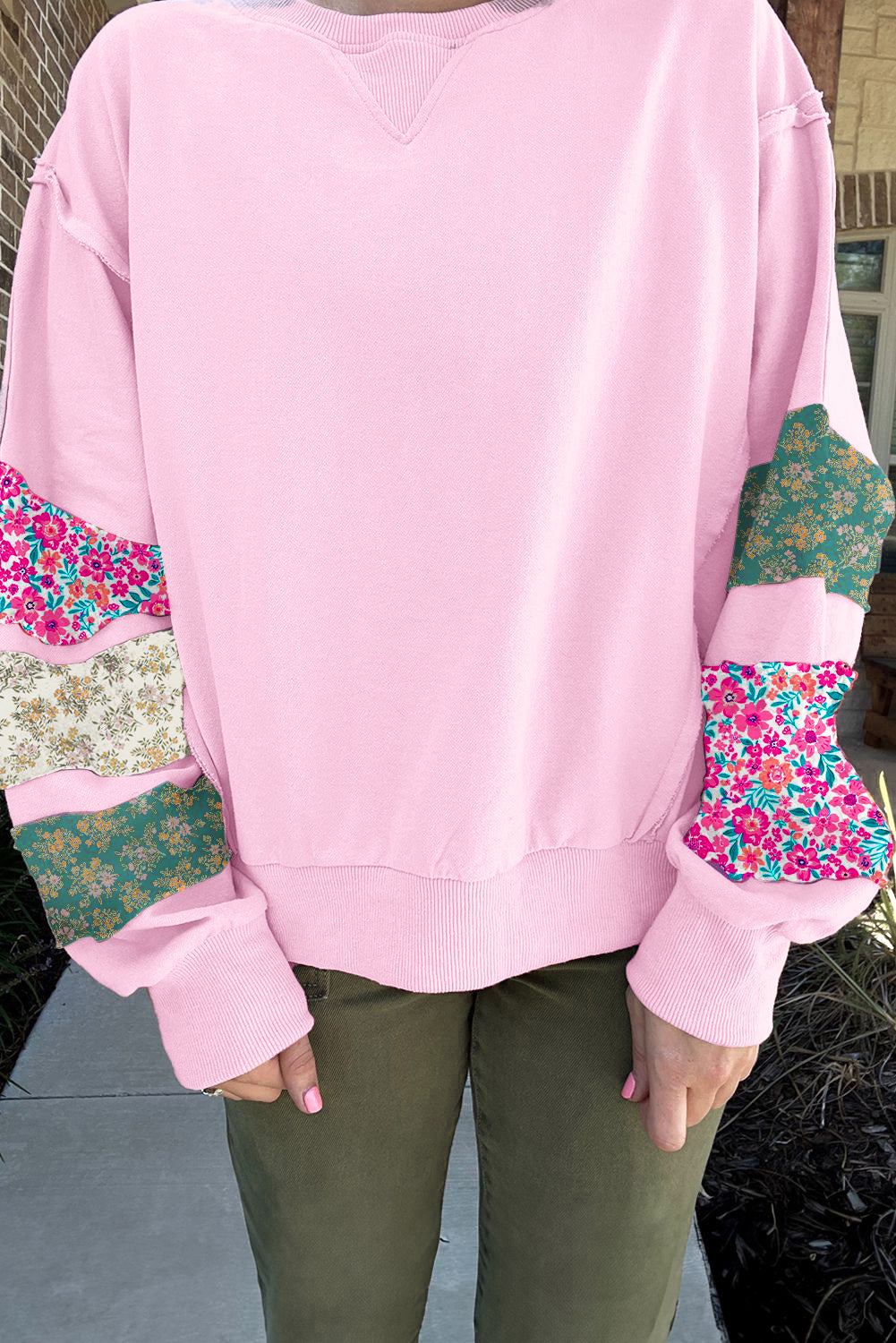Pink Plus Size Mix Floral Patched Sleeve Ribbed Trim Baggy Sweatshirt Plus Size Tops 9209660dfb518982