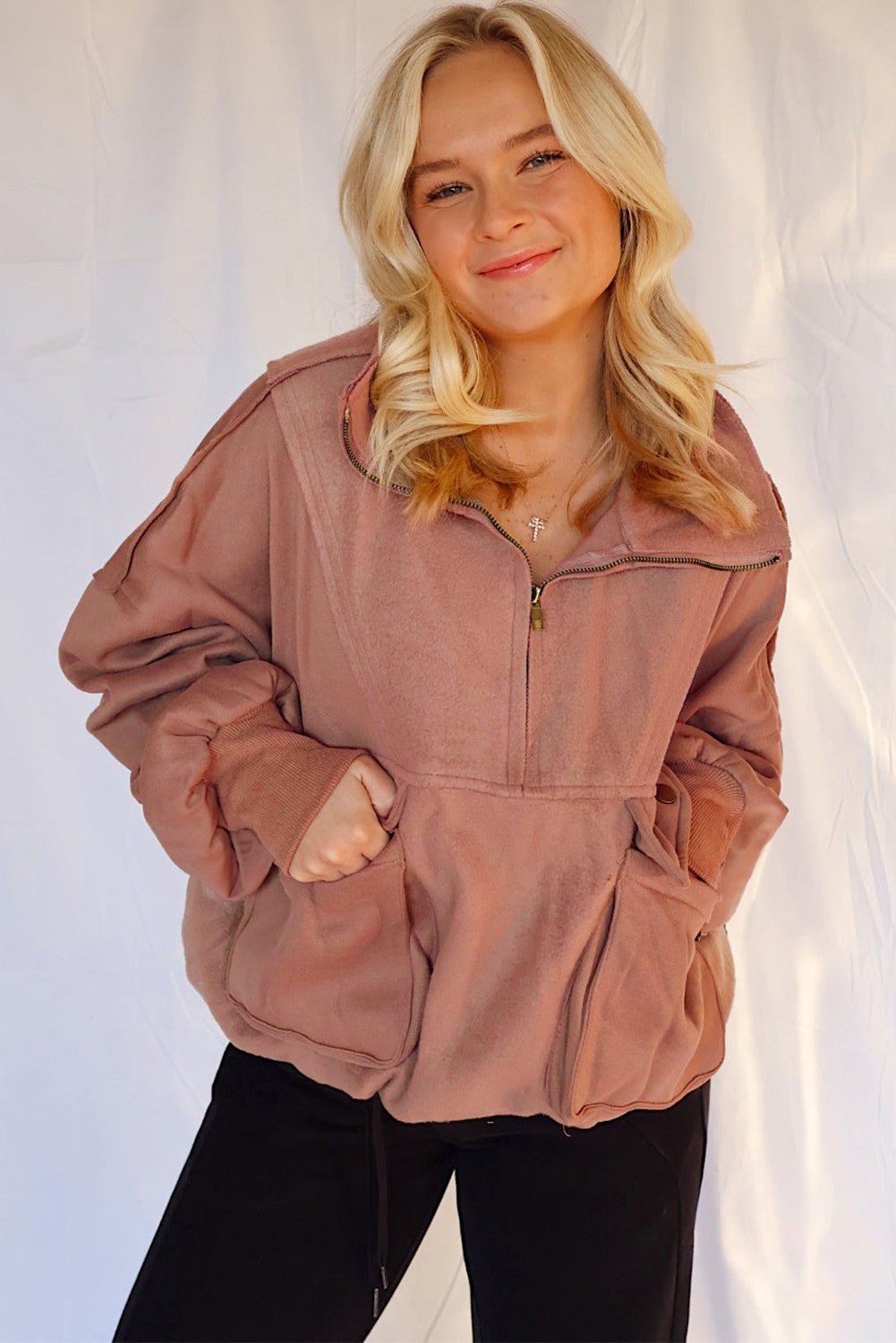 Camel Exposed Seam Side Pockets Half Zipper Baggy Sweatshirt Sweatshirts & Hoodies 923f3b6e73bc8f74