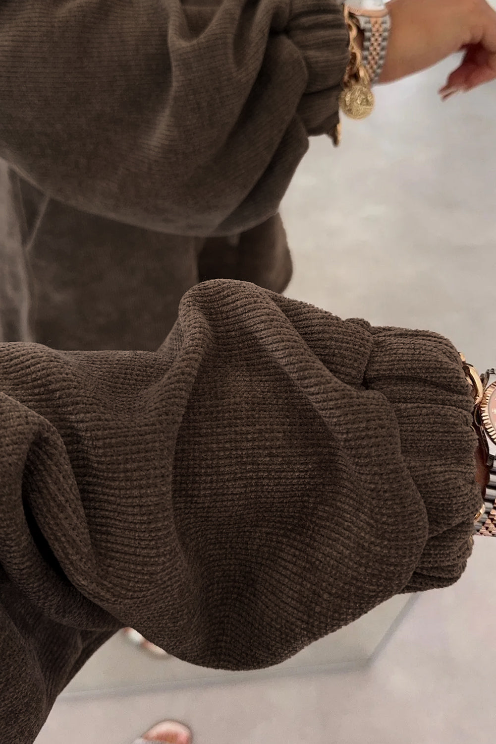 Dark Brown Textured Knit Drop Shoulder Pullover Drawstring Shorts Set Two Piece Shorts Sets 92a899d933c02026