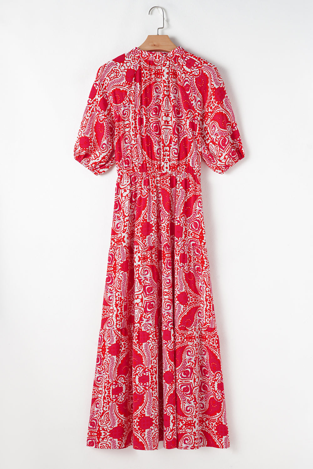 Red Paisley Print Side Slit Puff Sleeve High Waist Maxi Dress Maxi Dresses 92cf4514e8bccd21